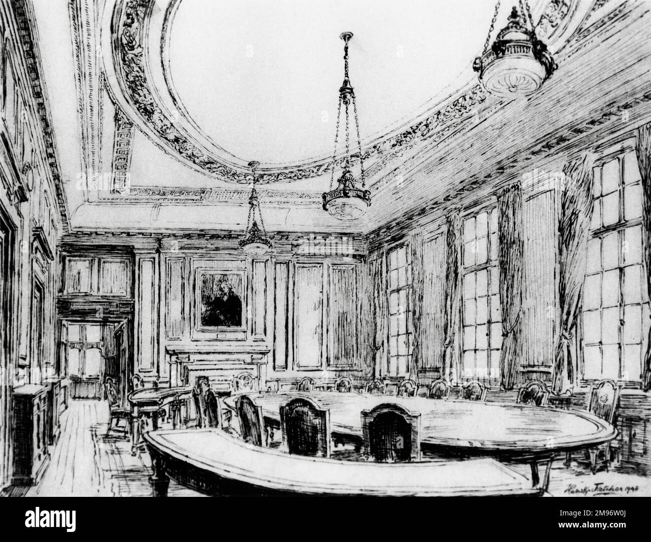 Sala del consiglio IMECE, incisione di Fletcher, 1948 Foto Stock