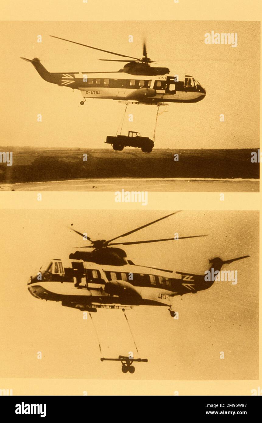 Diversi elicotteri sollevano carico/jeep/ponte, c.196os/1970s Foto Stock