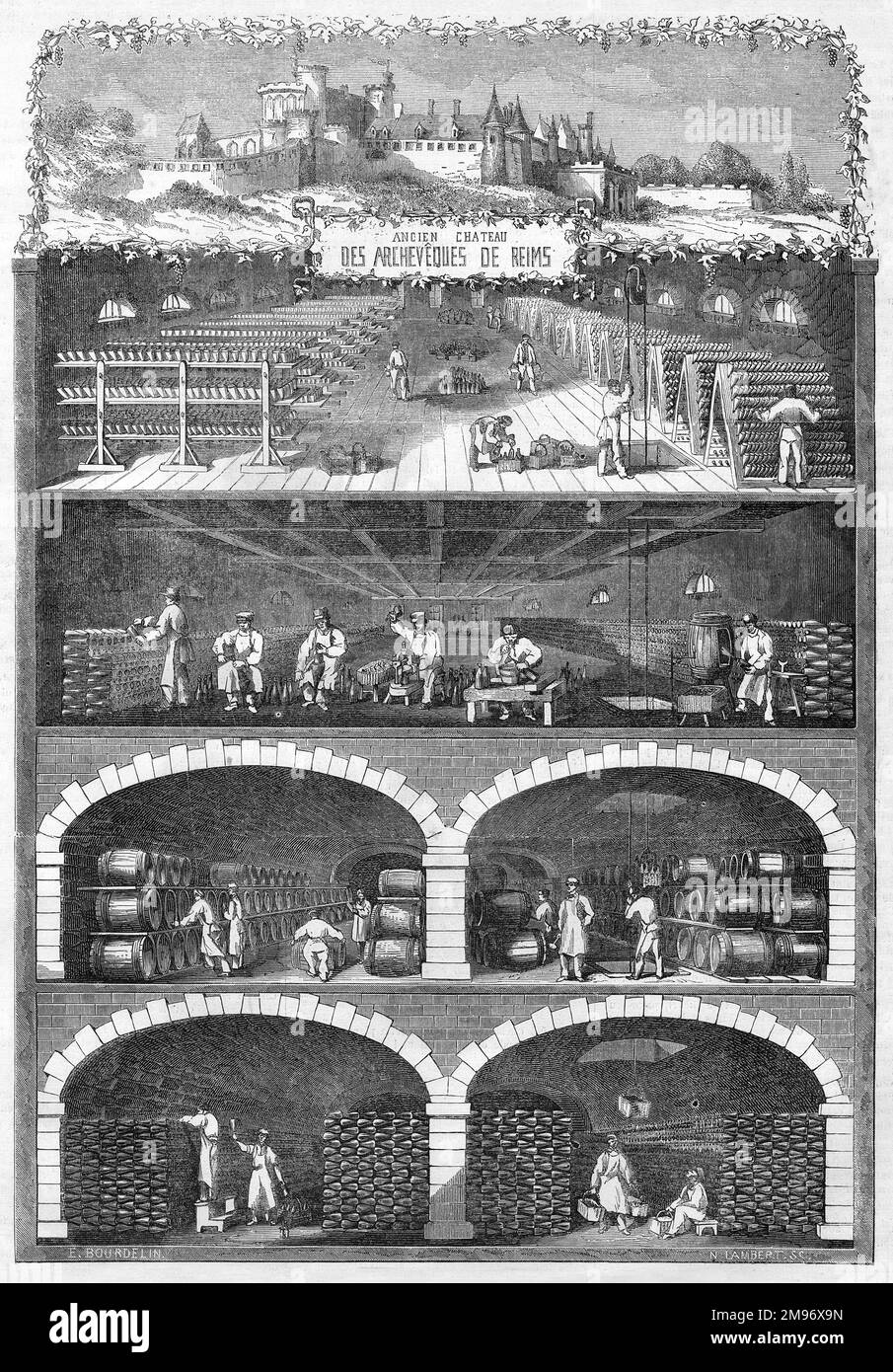 Incisione della metà del 19th ° secolo che mostra una sezione trasversale delle cantine di Reims, casa di champagne. Foto Stock