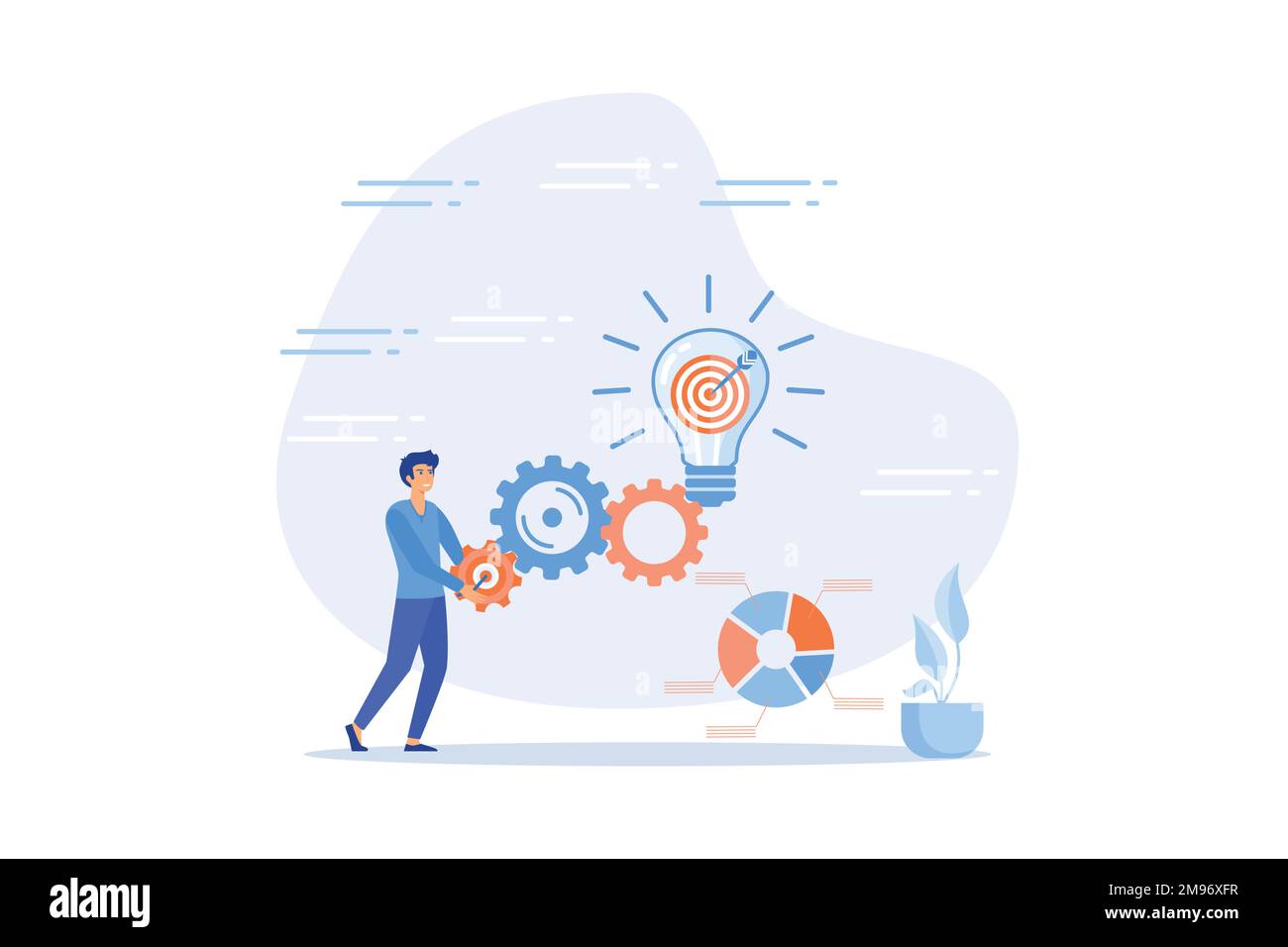 Avvio di un progetto o esecuzione di un progetto, ricerca o implementazione di un'idea di business per vedere il risultato, impegno per sviluppare un'idea e un concetto di obiettivo aziendale, flat vec Illustrazione Vettoriale