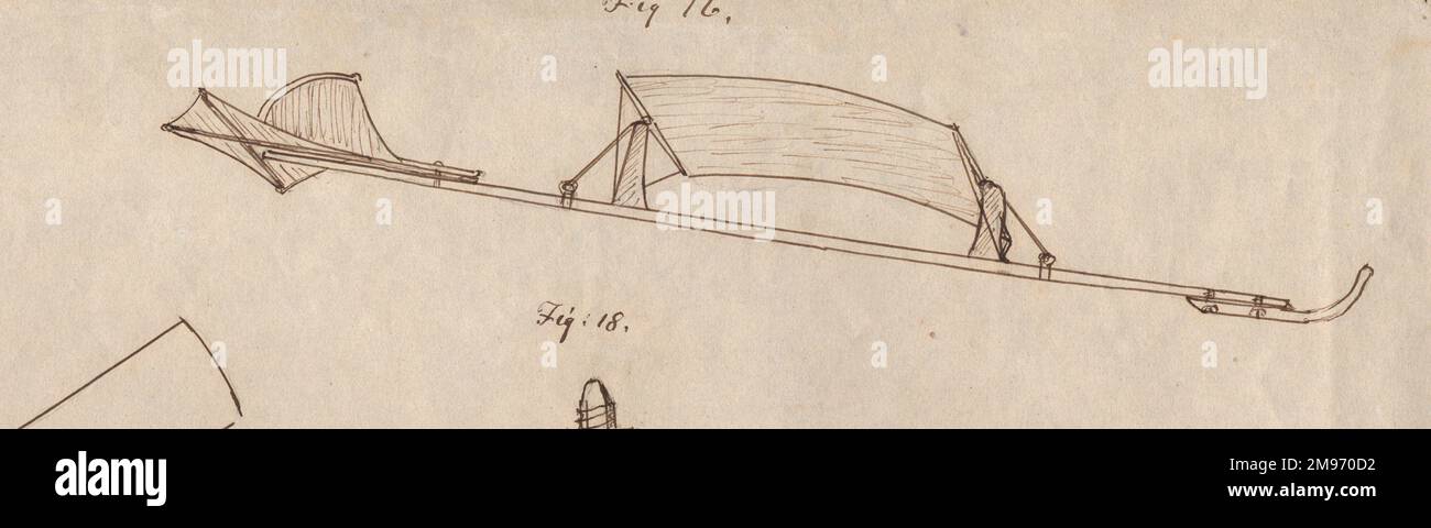 Il modello di aliante migliorato di Sir George Cayley con il timone in ascensore, che mostra la curvatura dell'ala causata dal flusso d'aria, 1853. Foto Stock
