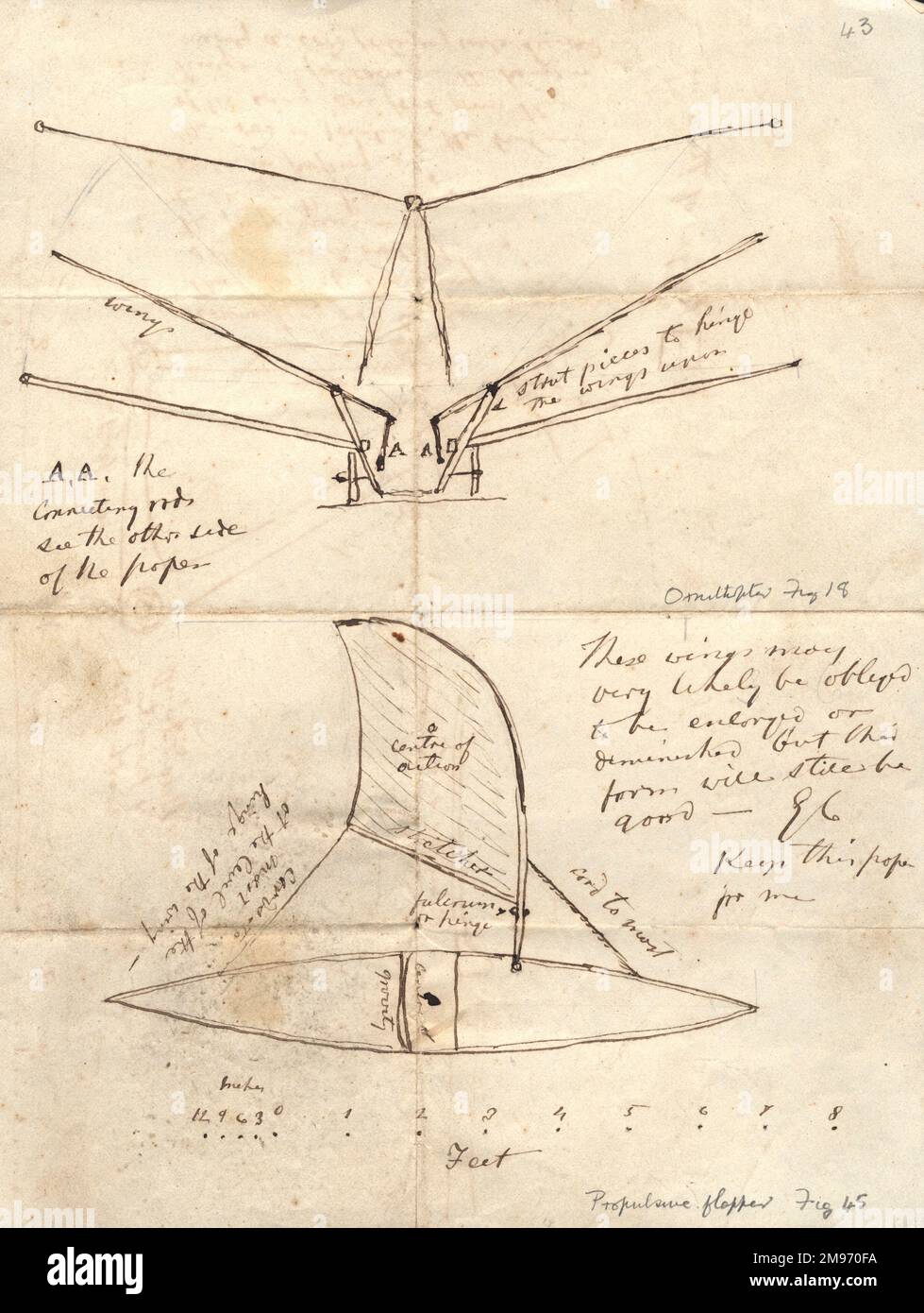 Top: Design (vista finale) per un aeroplano composto, con ali fisse diedriche montate in basso sulla vettura, con flapper incernierati ai lati della vettura. Sopra è mostrato separatamente un montaggio alternativo per i flappers, su un traliccio. circa 1849. Foto Stock
