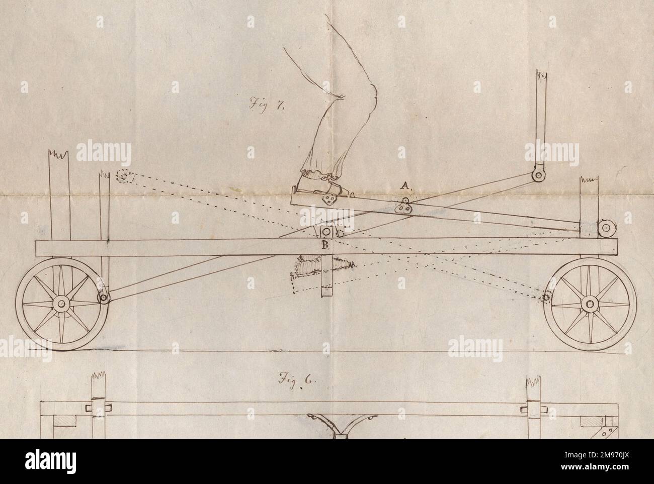La prima serie di disegni di Sir George Cayley di una trasmissione a tappeto mobile per flapper, parte 2. Foto Stock