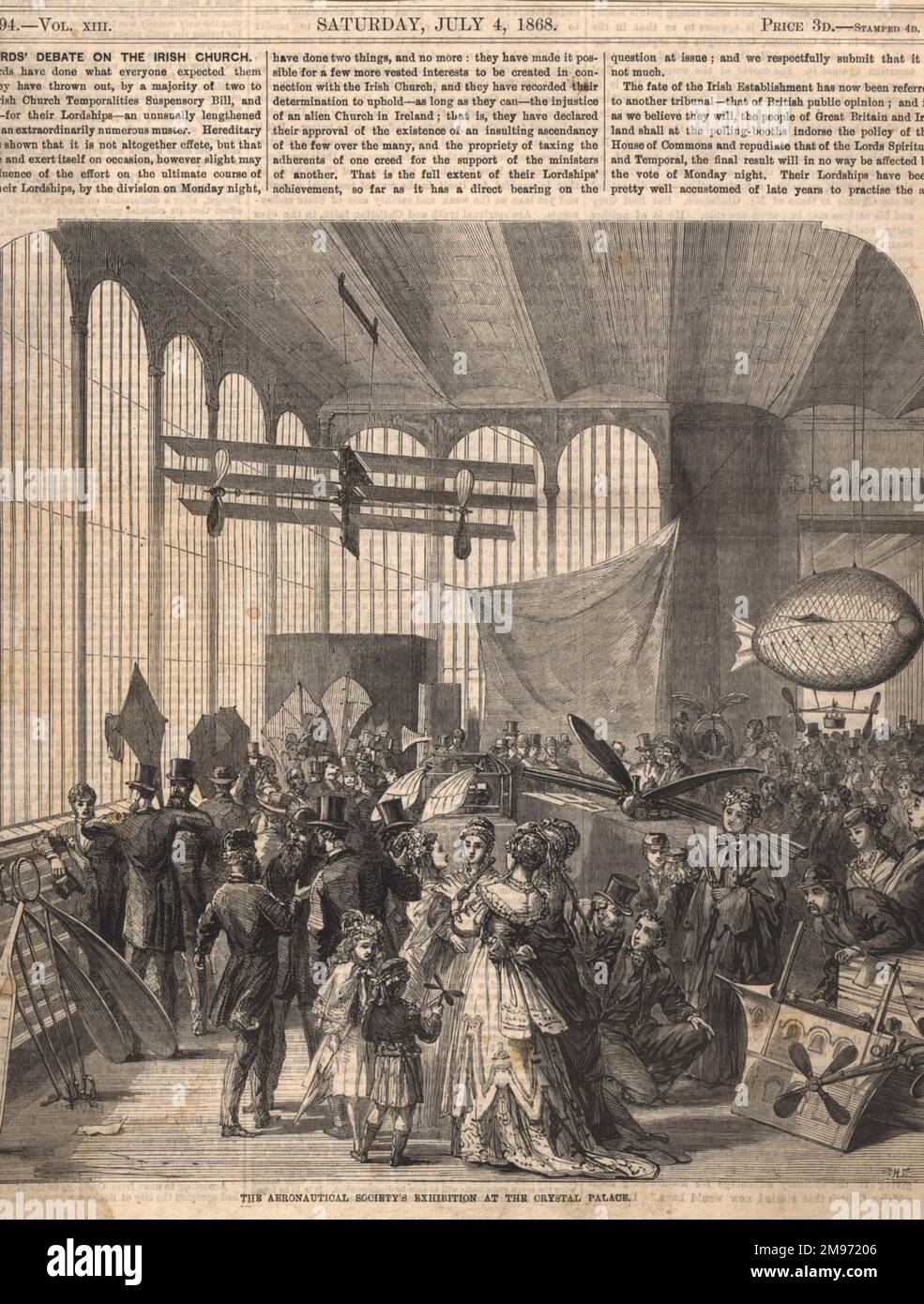La prima mostra aeronautica, Crystal Palace, 1868, che mostra il modello del triplano di Stringfellow e altre mostre. Complessivamente non meno di 77 mostre sono state raccolte insieme, tra cui motori, modelli più pesanti dell'aria, aquiloni e piani di macchine progettate. Foto Stock