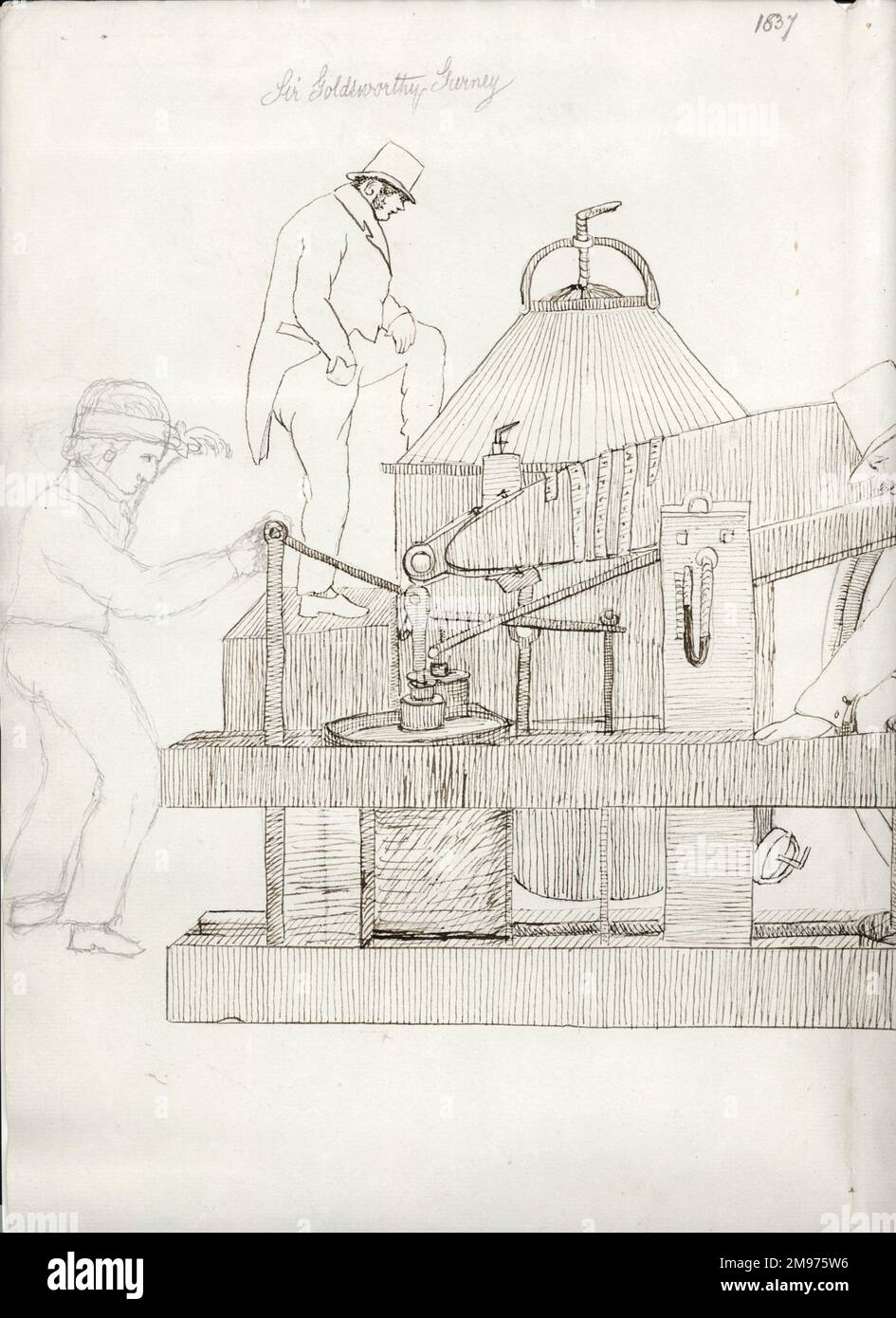 Air Engine di Cayley si è presentato alla Brew House di Brompton, mostrando Wadeson e Vick, i suoi meccanici, Sir Goldsworthy Gurney, Sir George Cayley e Edward Cayley, deputato. Foto Stock