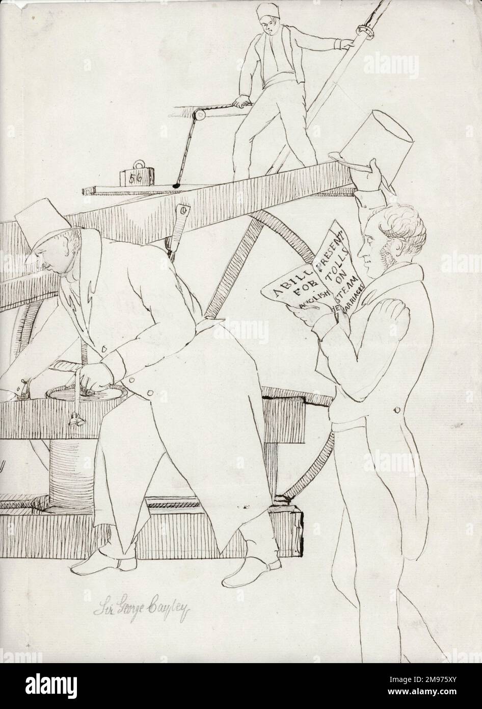 Air Engine di Cayley si è presentato alla Brew House di Brompton, mostrando Wadeson e Vick, i suoi meccanici, Sir Goldsworthy Gurney, Sir George Cayley e Edward Cayley, deputato. Foto Stock
