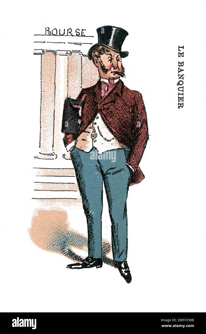 Gioco di carte francese - Sì o No - serie occupazioni. Illustrazione di un banchiere che si trova al di fuori della borsa. Foto Stock
