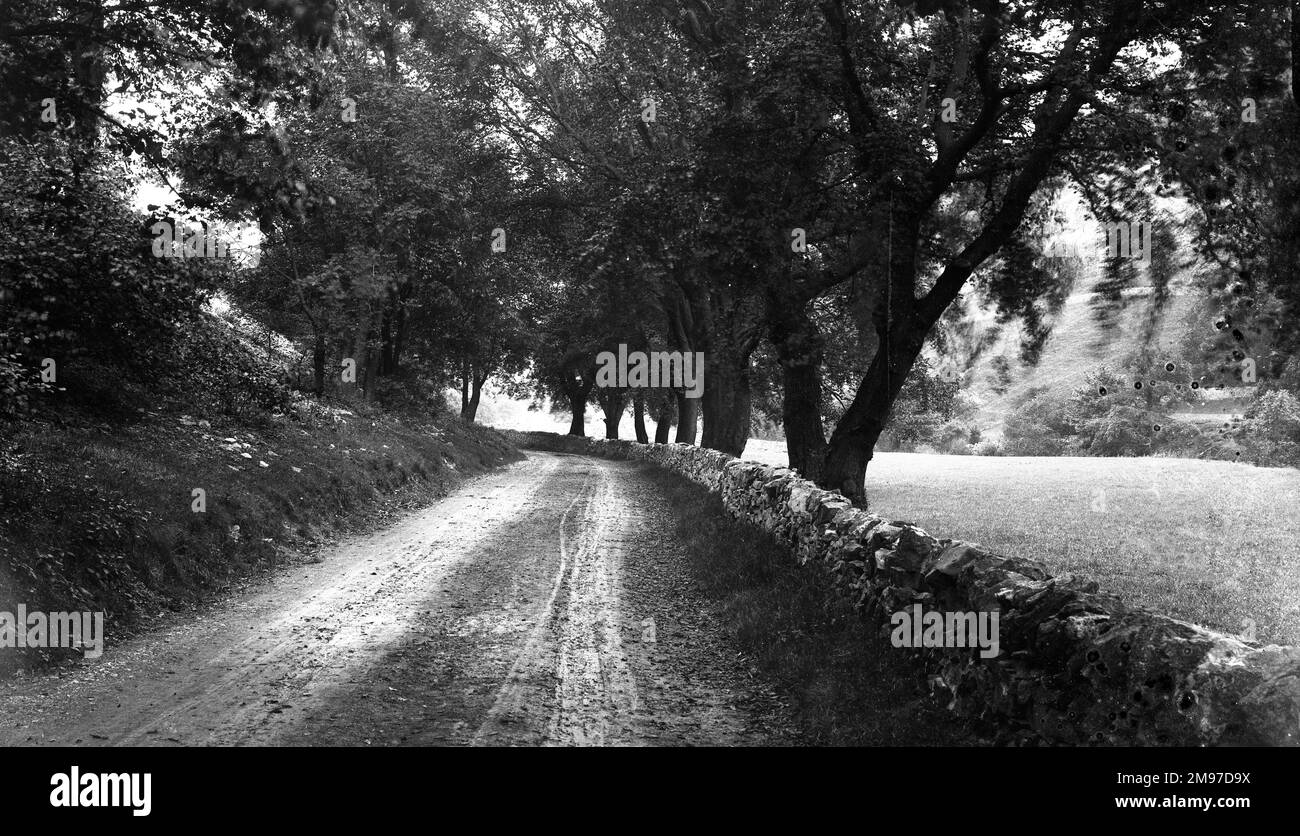 Una vista rurale che probabilmente non ha alterato molto, ad eccezione della superficie stradale che mostra quanto poco traffico c'era nell'era edoardiana nella Gran Bretagna rurale. Foto Stock