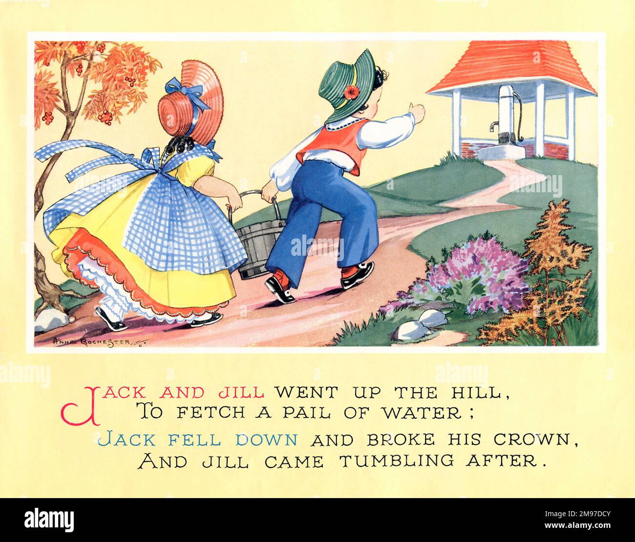 Jack e Jill salirono sulla collina per prendere un secchio d'acqua; Jack cadde e spezzò la corona e Jill tornò a cadere. Foto Stock