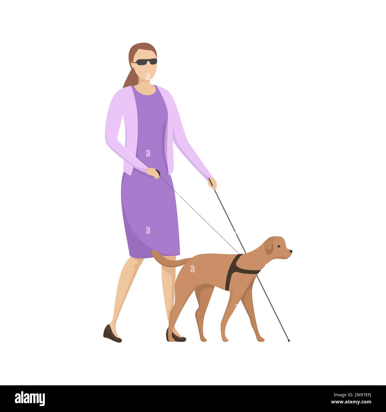 Donna con cecità che cammina con cane guida. Illustrazione vettoriale. Illustrazione Vettoriale