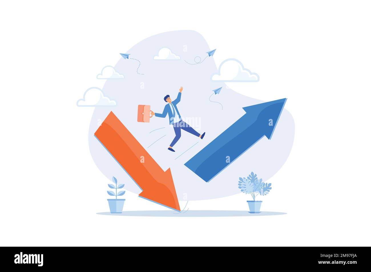 Miglioramento economico e degli investimenti o ripresa da crisi, mercato azionario o incertezza criptovaluta, cambiamento dalla curva di discesa al concetto di aumento, piatto vecto Illustrazione Vettoriale