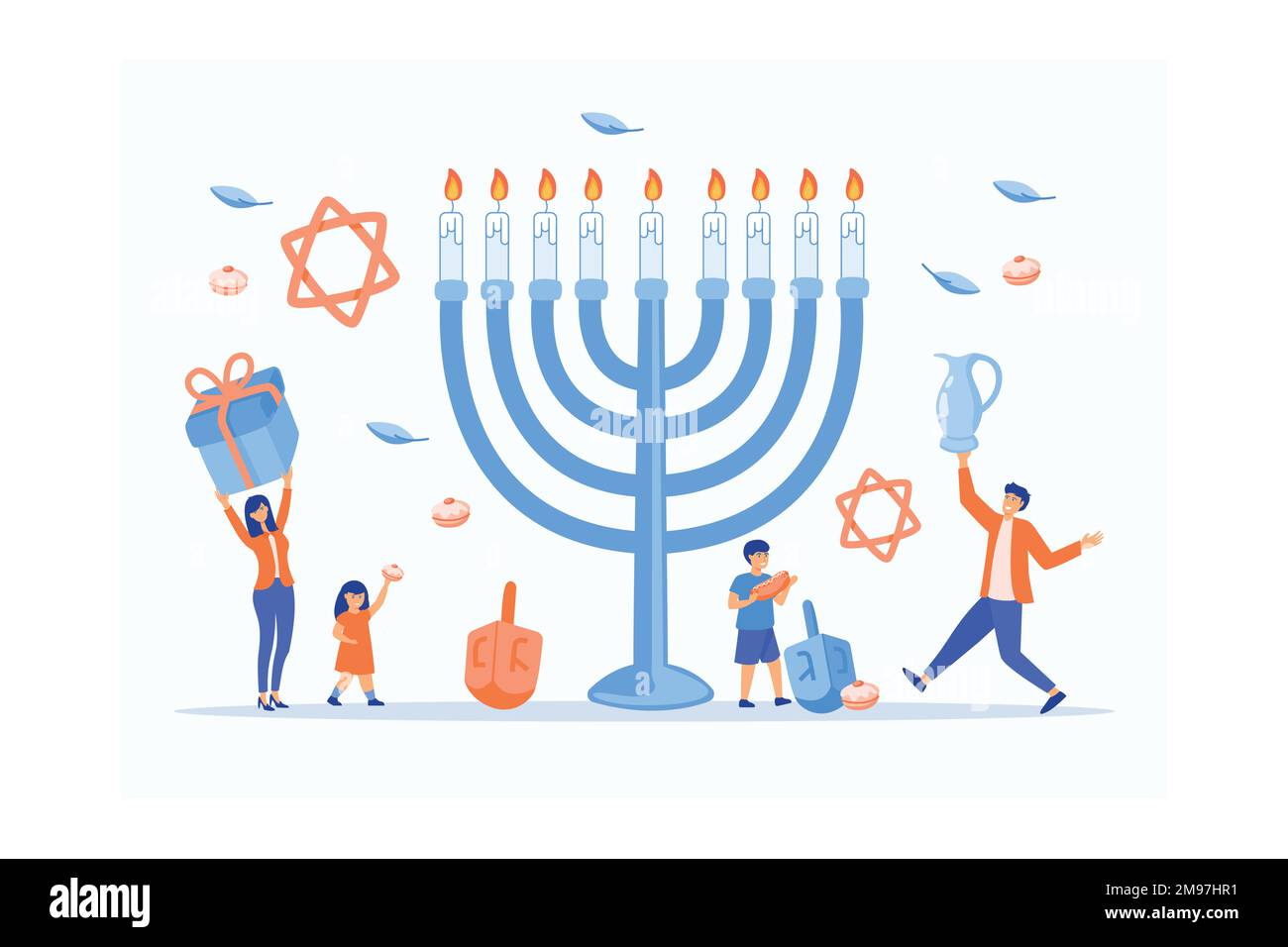 Happy Hanukkah, Festival ebraico di luci scena con la gente, famiglie felici con i bambini, piatto vettore di illustrazione moderna Illustrazione Vettoriale