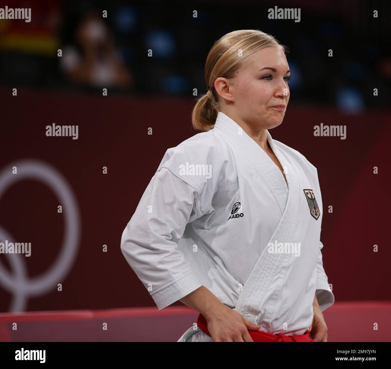 5 AGOSTO 2021 - TOKYO, GIAPPONE: Jasmine Jüttner di Germania sta per fare la storia diventando il primo Karateka alle Olimpiadi gareggiando nel Kata elimination Round femminile ai Giochi Olimpici di Tokyo 2020 (Foto di Mickael Chavet/RX) Foto Stock