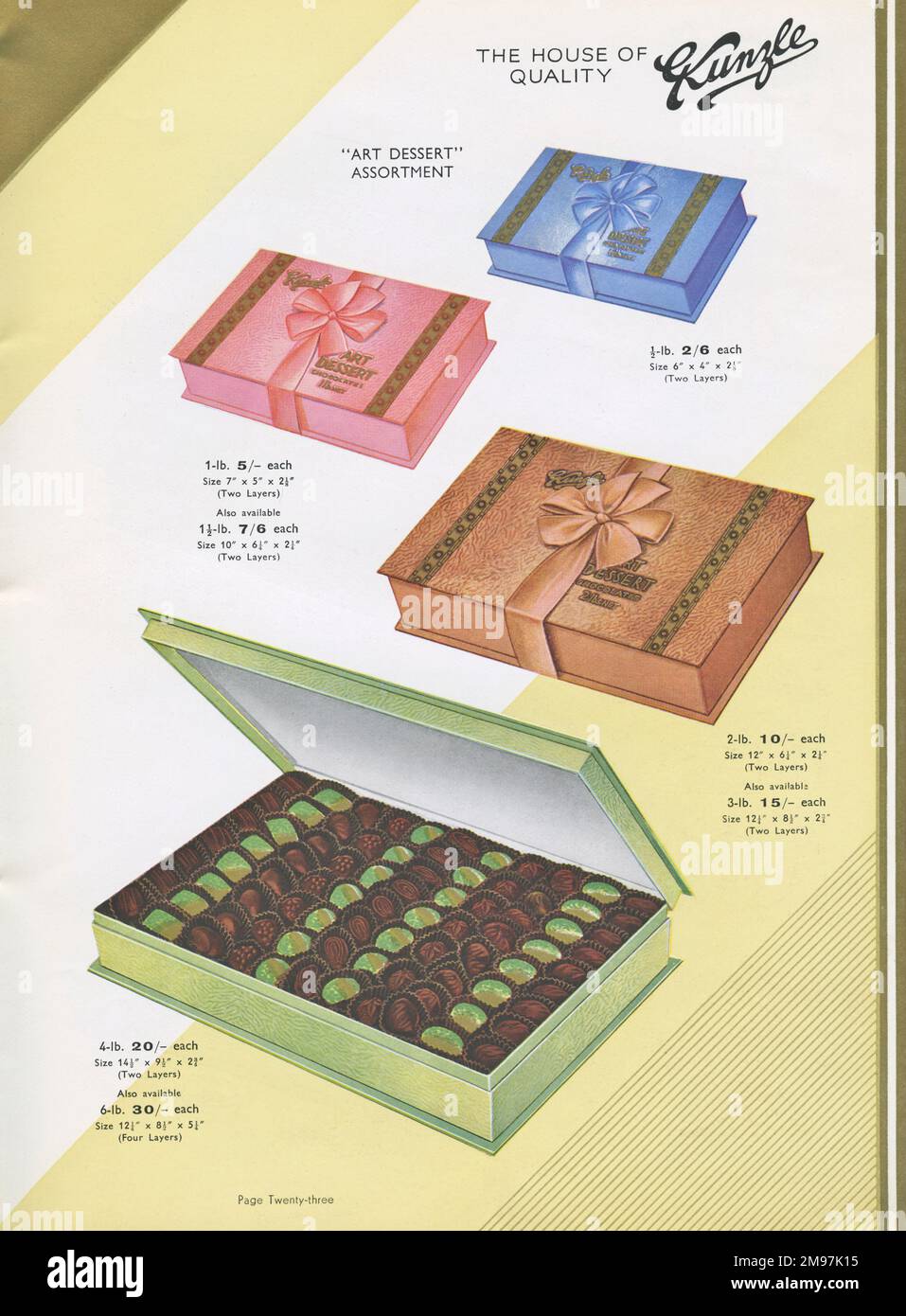 Pagina da un catalogo, Kunzle Chocolate List, che mostra l'assortimento Art Dessert stile di scatole di presentazione di lusso in diverse forme, dimensioni e colori. Foto Stock