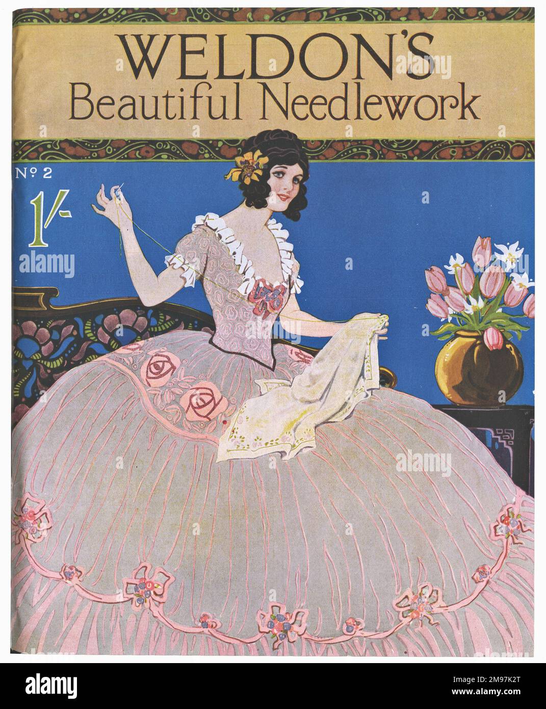 Copertina, Weldon's Beautiful Needlework, No. 2, che mostra una giovane donna in un abito da cucire a crinolina. Foto Stock