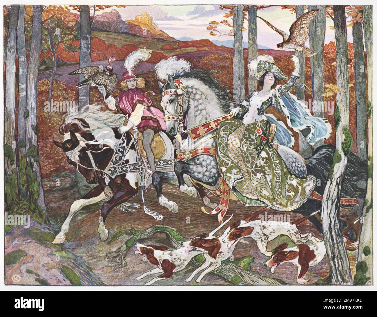 Scena di caccia medievale -- un uomo e una donna a cavallo, con rapaci e cani. Foto Stock