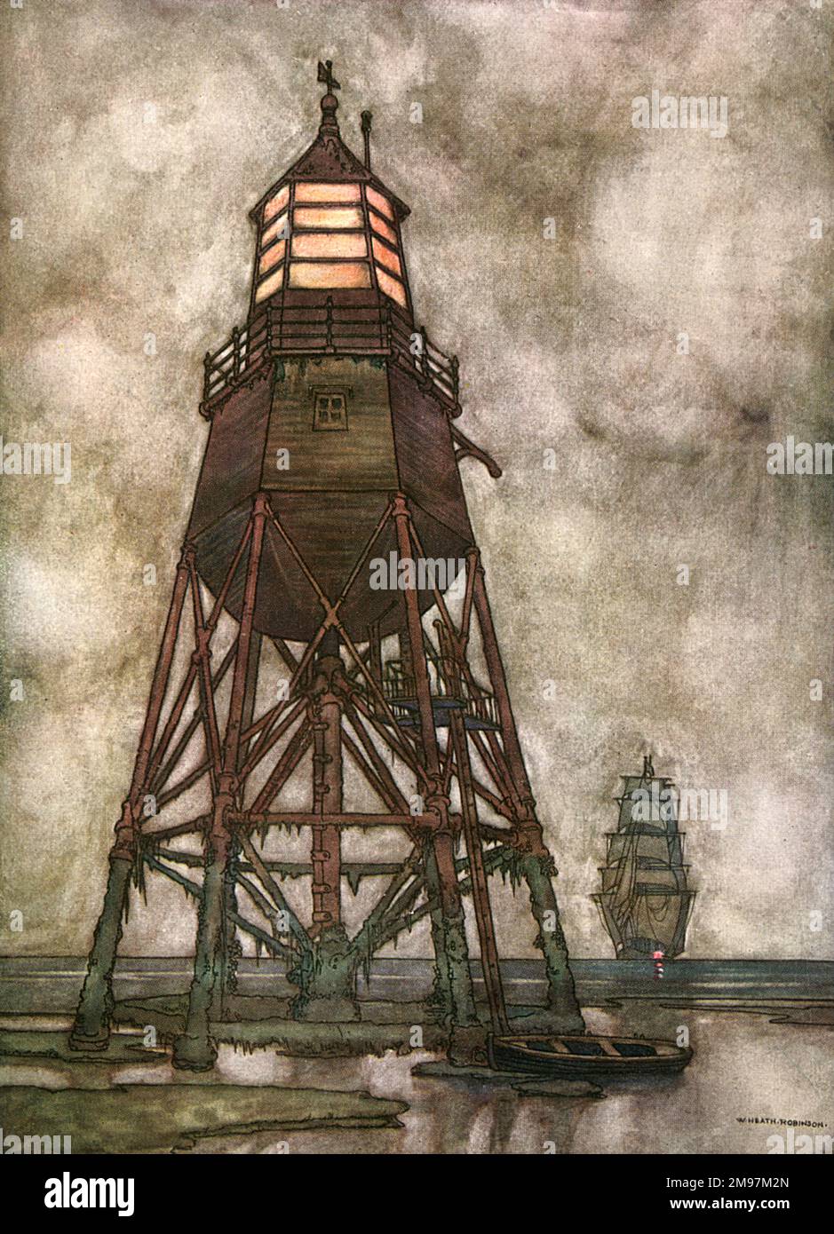 Illustrazione di Una canzone degli inglesi, un insieme patriottico di poesie di Rudyard Kipling (pubblicato per la prima volta nella rivista inglese illustrata). The Coastwise Lights of England, che raffigura un faro arrugginito e coperto di alghe marine con una nave a vela che si avvicina. Foto Stock