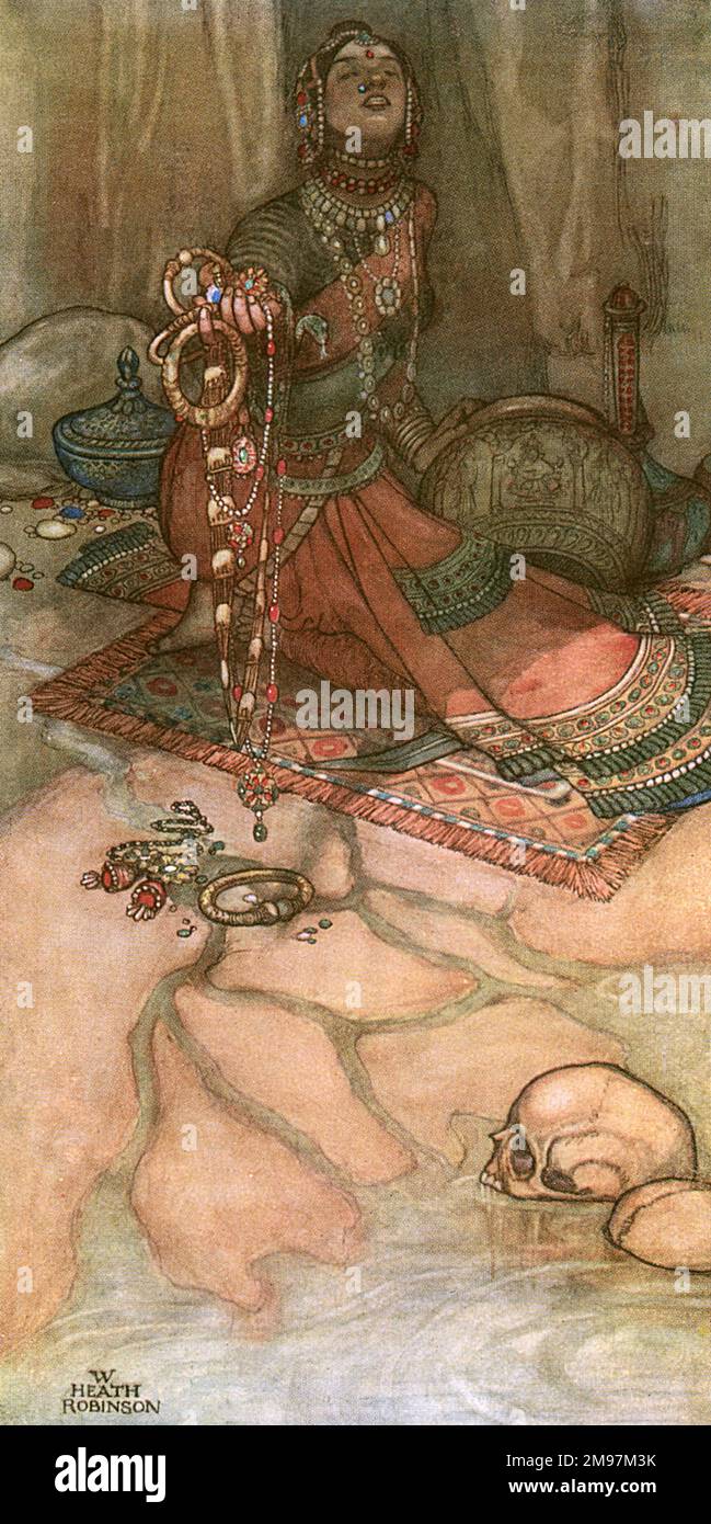 Illustrazione di Una canzone degli inglesi, un insieme patriottico di poesie di Rudyard Kipling (pubblicato per la prima volta nella rivista inglese illustrata). Calcutta -- Io il capitano di mare amava, il fiume costruito. Raffigurante una donna indiana che rappresenta la città di Calcutta, ricca di ricchezze ma anche occasionalmente mortale, come suggerito dal cranio umano (un commento sugli interessi britannici in India). Foto Stock