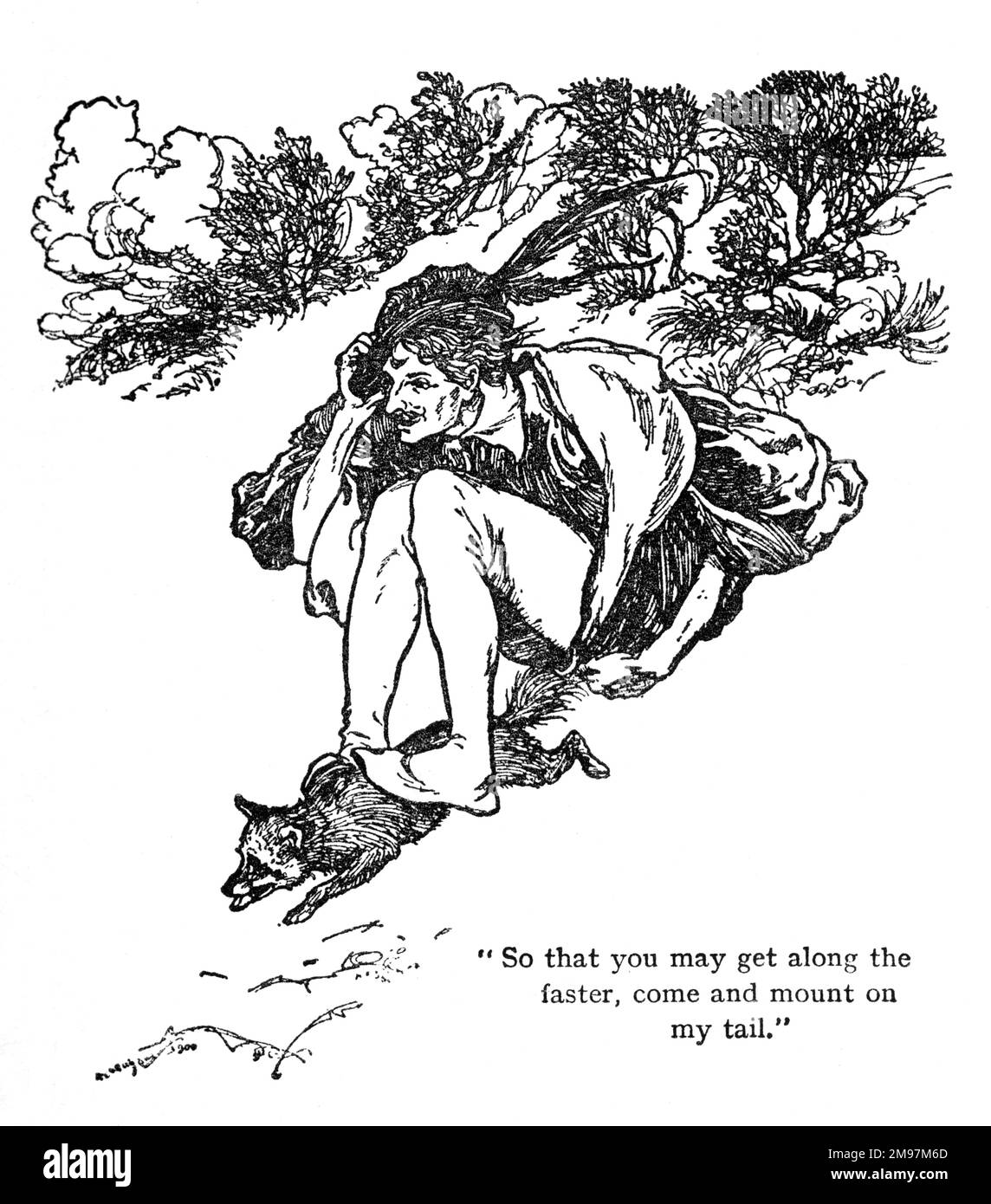 Illustrazione, l'uccello dorato -- in modo che possiate ottenere lungo il più veloce, venire e montare sulla mia coda. Il Principe corre sulla schiena della volpe. Foto Stock Illustrazione, l'uccello dorato -- in modo che possiate ottenere lungo il più veloce, venire e montare sulla mia coda. Il Principe corre sulla schiena della volpe. Foto Stock