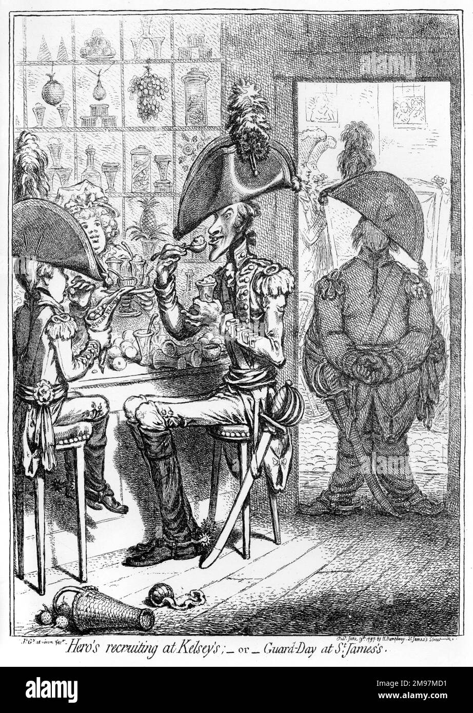 Cartoon, reclutamento di Hero a Kelsey's, o, Guard Day a St James's, di James Gillray. Due ufficiali, uno alto e sottile, l'altro molto giovane, si siedono di fronte l'un l'altro mangiando dolci presso un pasticciere. Un terzo ufficiale, grasso e knock-kneed, si alza a guardia nella porta. Le vetrine del negozio sono piene di frutta e dolci vari. Kelsey's era un famoso negozio di frutta a St James's Street, Londra. Foto Stock