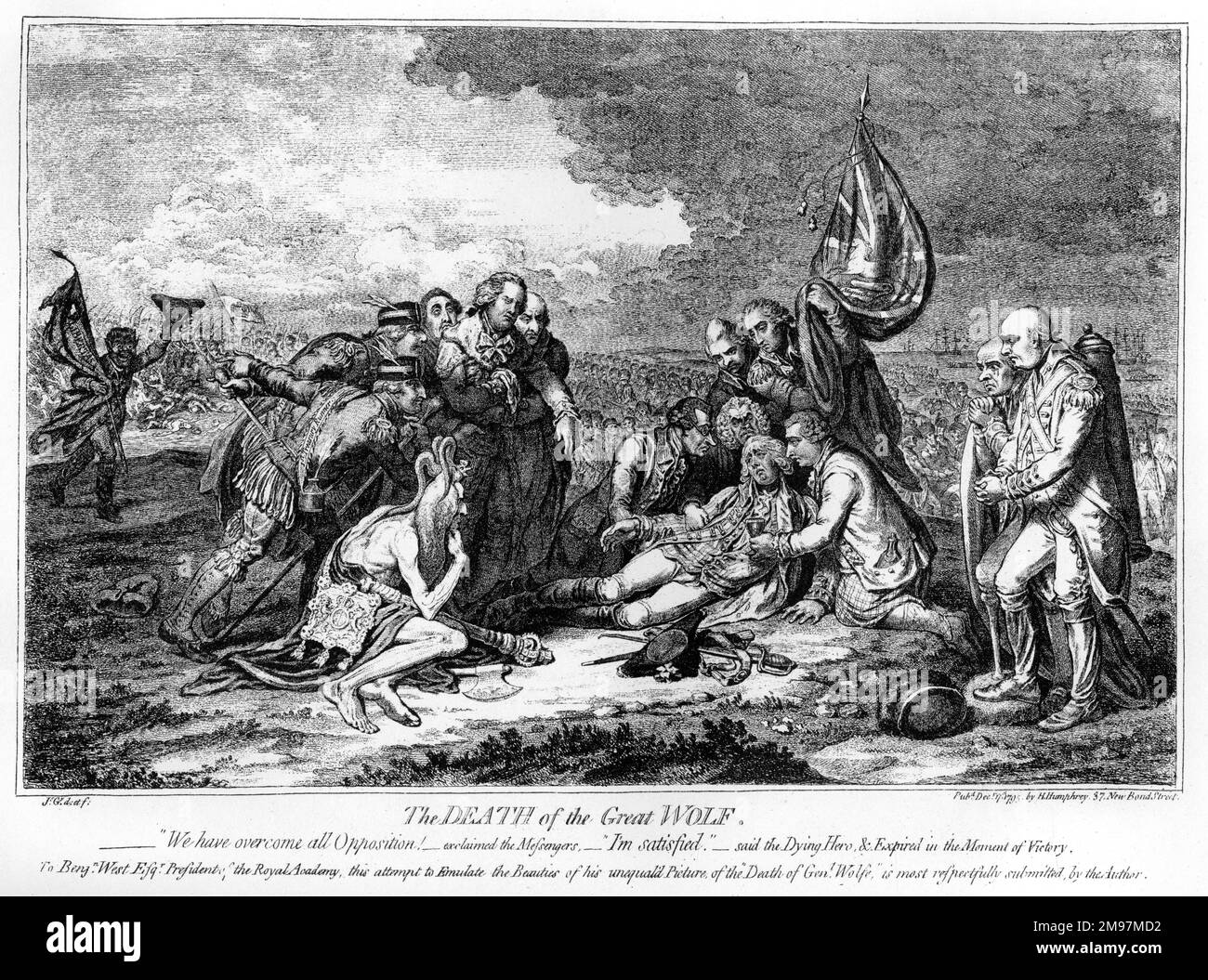 Cartone animato, la morte del Grande Lupo, di James Gillray. Abbiamo superato ogni opposizione! Esclamò i messaggeri. Sono soddisfatto, ha detto l'eroe morente, ed è scaduto nel momento della vittoria. Parodia del dipinto di Benjamin West, The Death of General Wolfe, il cartone è una satira sulla risposta dell'amministrazione britannica Tory alla Rivoluzione francese, ed è stato pubblicato il giorno prima della scomparsa delle Treason and Sedition Bills. Il primo ministro, William Pitt, è stato lanciato nel ruolo del Wolfe morente, con Edmund Burke e Henry Dundas da entrambi i lati di lui. L'indiano di Mohawk è sostituito b Foto Stock