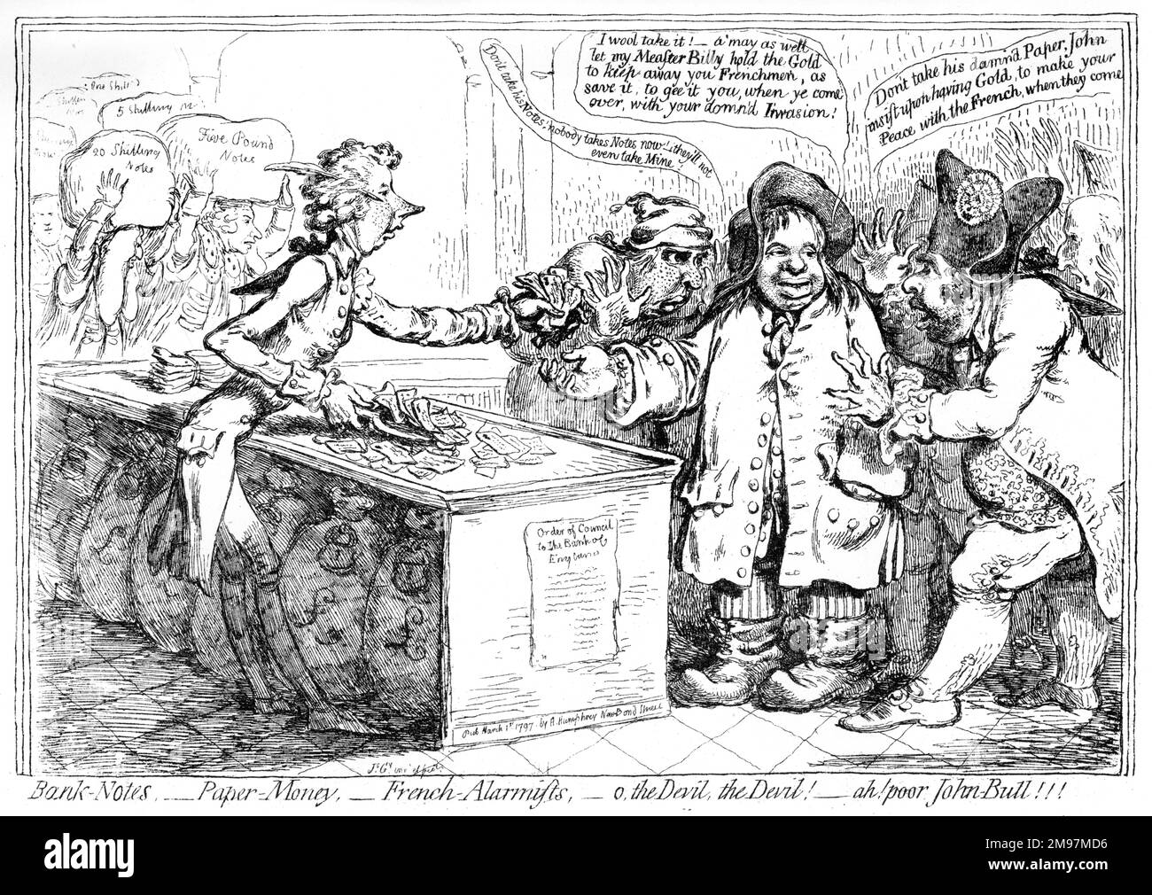 Cartone animato, banconote, carta moneta, Alarmists francesi, o il diavolo, Il diavolo! ah! Povero John Bull!!! Di James Gillray. Mostrando al primo ministro William Pitt, che offre carta moneta (piuttosto che monete d'oro, che sono incatenati sotto il bancone) a John Bull Da entrambi i lati di Bull ci sono i politici dell'opposizione Richard Sheridan e Charles James Fox, consigliandogli di insistere sull'oro piuttosto che sulla carta. Foto Stock