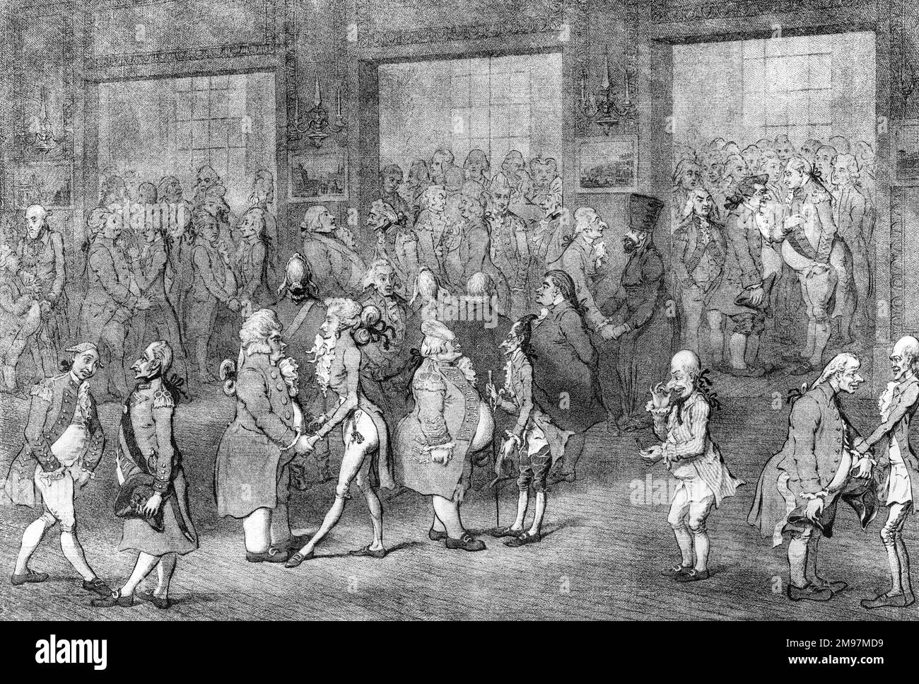 Cartone animato, il Levee bengala, di James Gillray. Mostrando Lord Cornwallis (1738-1803), Governatore Generale dell'India, nel mezzo di una folla di sicofani a Calcutta (sfondo destro). Ha tenuto un levee settimanale alla Camera di governo. Foto Stock
