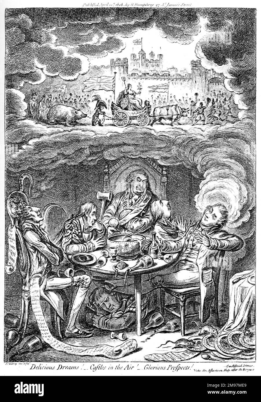 Cartone animato, sogni deliziosi! Castelli in aria! Prospettive gloriose! Vide un NAP pomeriggio dopo la fatica di una cena ufficiale, di James Gillray. Mostrare cinque ministri di governo (Portland, Hawkesbury, Perceval, Castlereagh e Canning) che dormono e sognano ad un tavolo rotondo. La visione di cui sopra è di Britannia che cavalca in trionfo, allo sgomento di Napoleone. Foto Stock