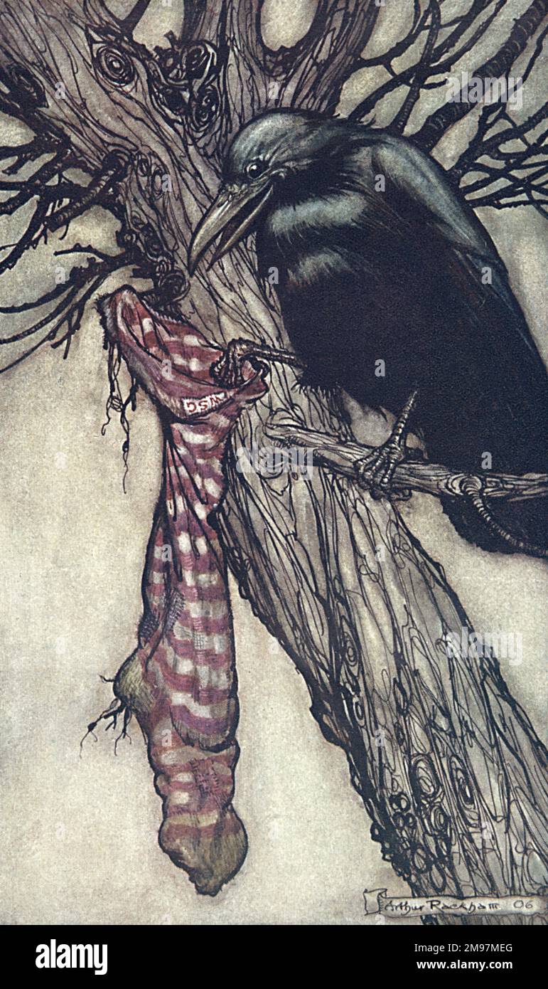 Illustrazione, Peter Pan in Kensington Gardens, da Arthur Rackham -- per anni era stato tranquillamente riempiendo la sua calza. Un corvo si siede in un albero, guardando in una calza a strisce. Foto Stock