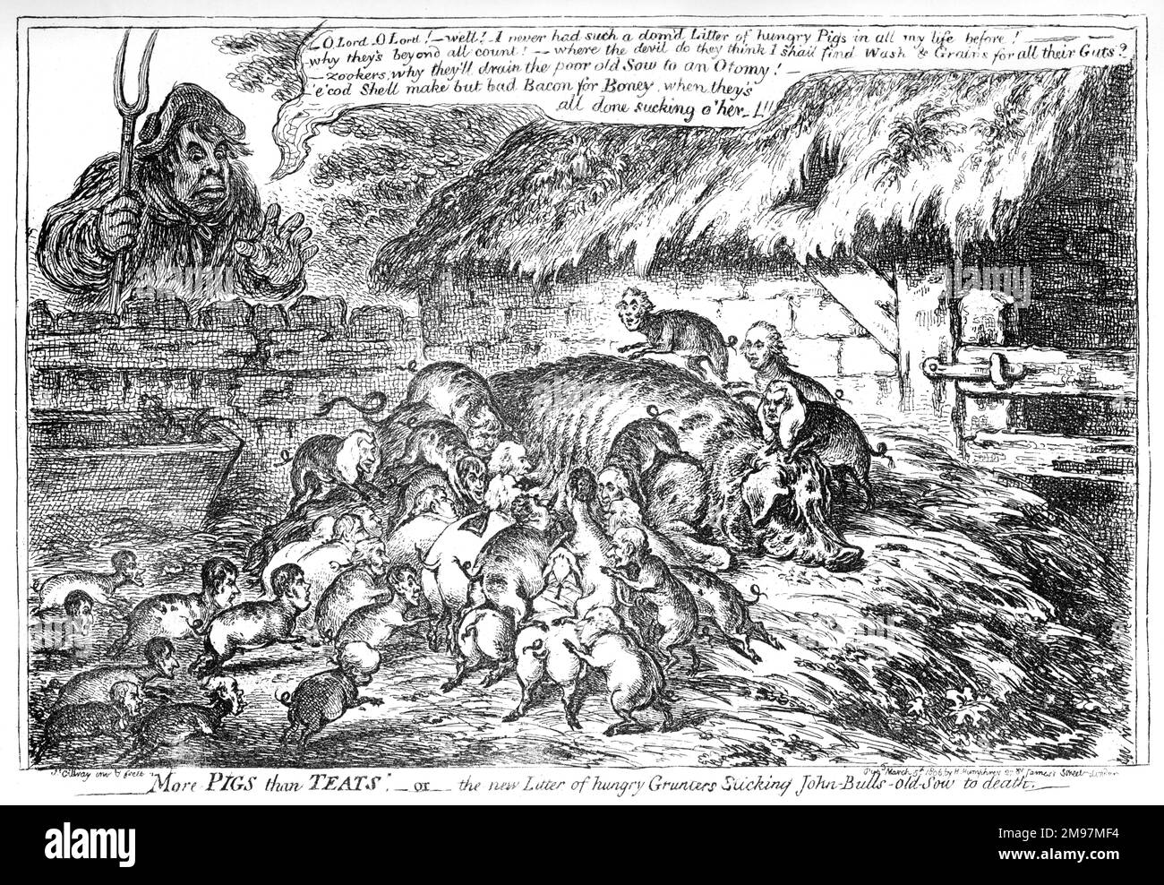 Cartoon, più maiali che Teats, o, la nuova cucciolata di Grunters affamati succhiare la vecchia semina di John Bull a morte, di James Gillray. Mostrare il toro contadino lamentarsi per l'avidità di una serie di suinetti, tutti con i capi dei politici e dei ministri del governo, nutrendo una scrofa anziana (che rappresenta lo Stato). Egli suggerisce che non ci sarà più nulla per Napoleone quando arriverà! Foto Stock