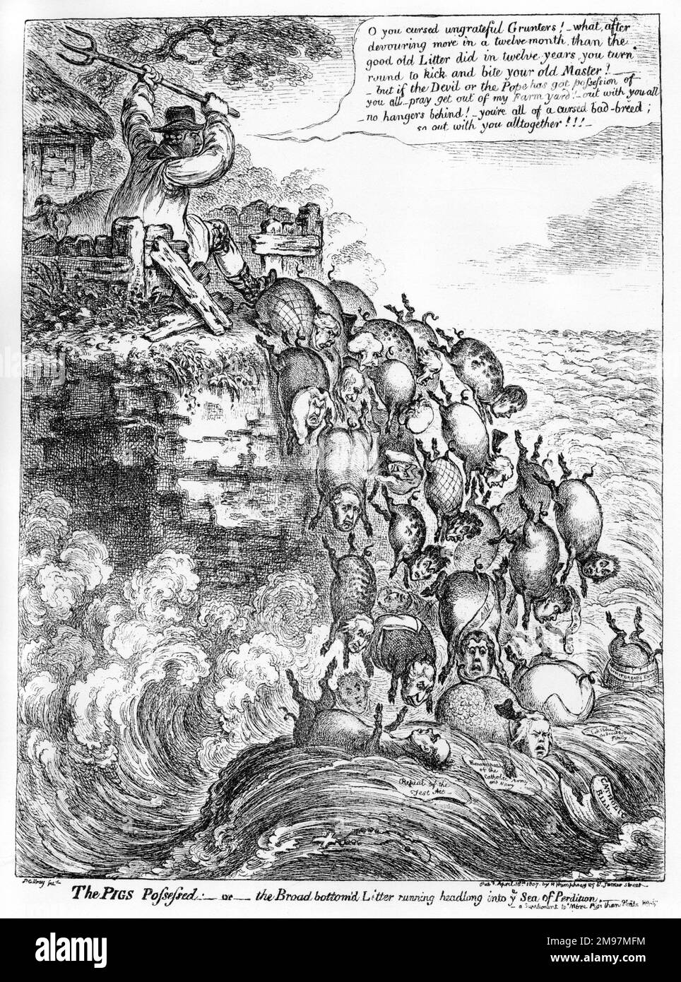 Cartoon, i maiali possedevano, o, la lettiera a fondo largo che correva a capofitto nel Mare di perdizione, da James Gillray. Mostrando John Bull (raddoppiando come Farmer George, vale a dire re George III) espellere i golosi maialini (politici del governo di coalizione noto come il Ministero di tutti i talenti) dalla sua fattoria e nel mare. Foto Stock