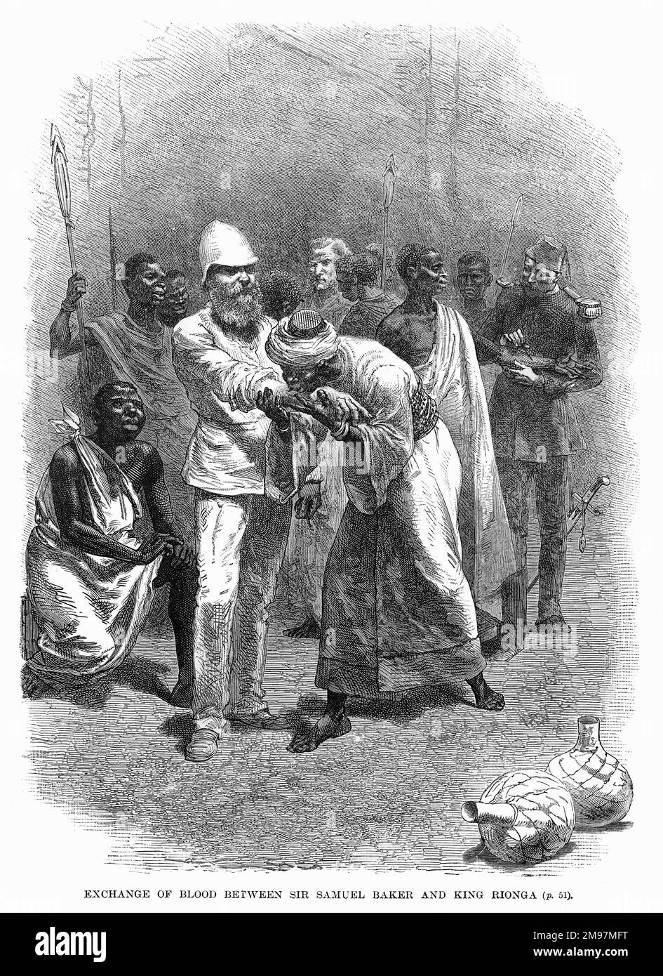 Sir Samuel White Baker (1821-1893), esploratore britannico, scambiando sangue con Rionga, un re africano, come parte di una negoziazione. Foto Stock