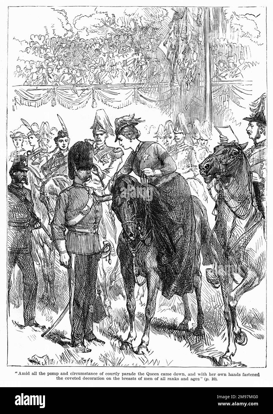 La regina Vittoria premiando medaglie a Hyde Park, Londra, a coloro che avevano combattuto nel Mutinismo indiano, nella guerra di Crimea e in altri conflitti. Foto Stock