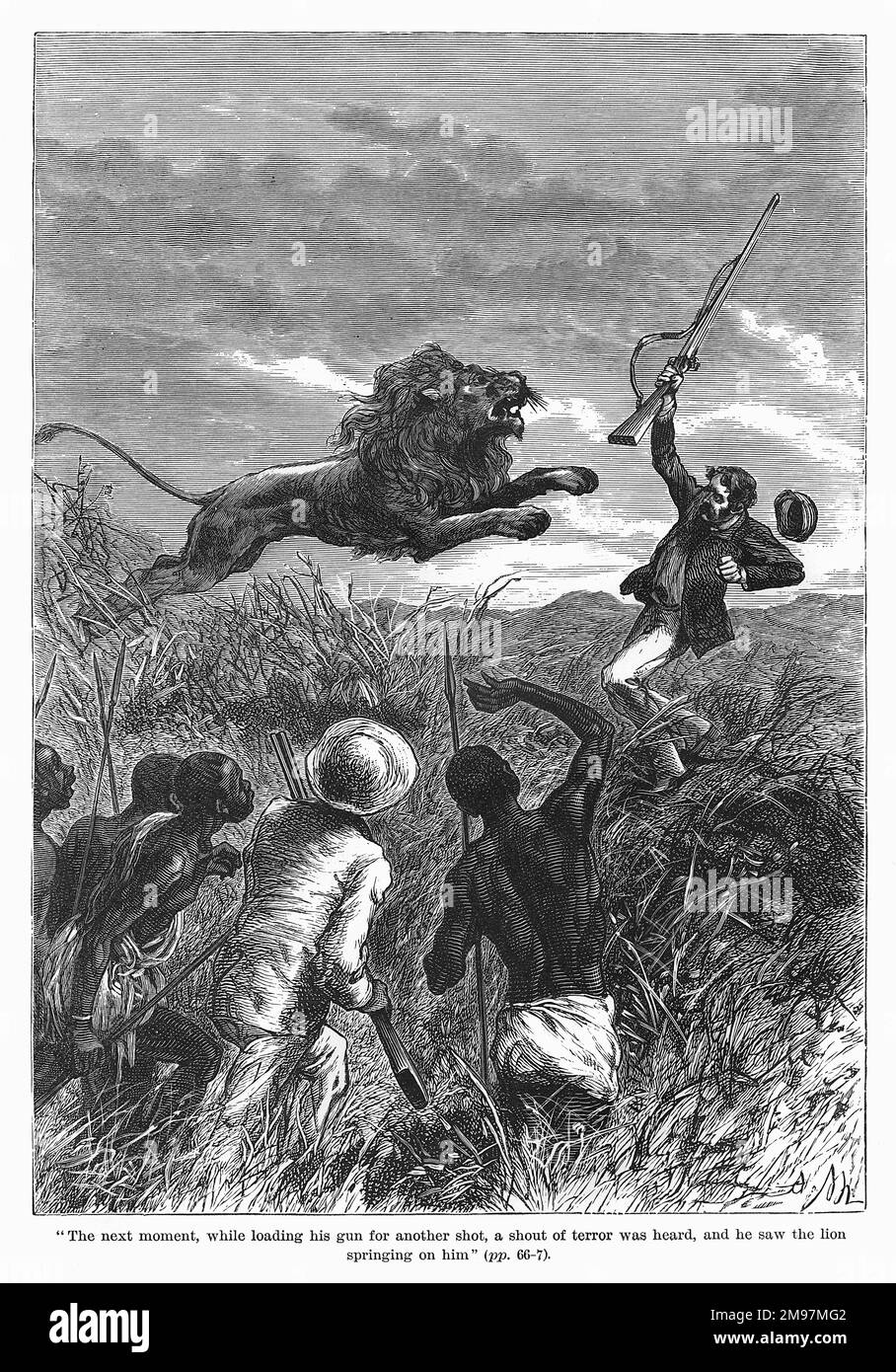 David Livingstone, missionario ed esploratore scozzese, attaccato da un leone nella Valle di Mabotsa, in Africa. Foto Stock