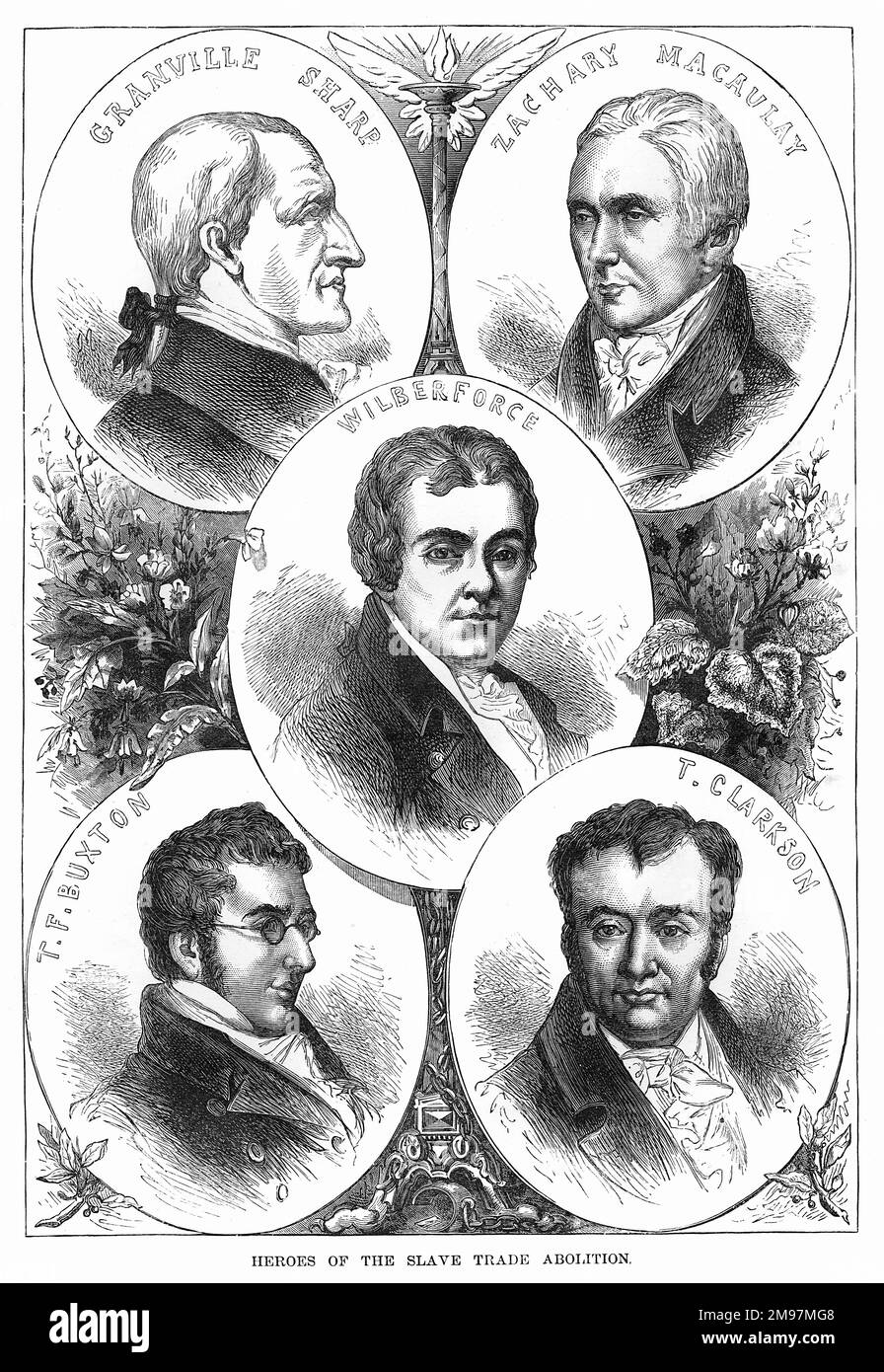 Illustrazione frontespizio, Eroi di Gran Bretagna. Eroi dell'abolizione del commercio degli schiavi -- Granville Sharp, Zachary Macaulay, William Wilberforce, Thomas Fowell Buxton e Thomas Clarkson. Foto Stock