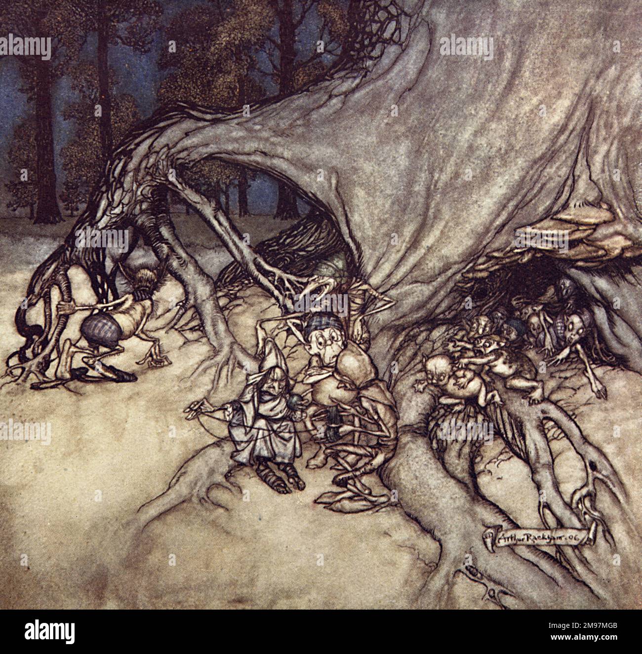 Illustrazione, Peter Pan in Kensington Gardens, da Arthur Rackham -- se quei difettosi fra le fate capita di essere fuori. Elfi e goblin sotto le radici di un albero. Foto Stock