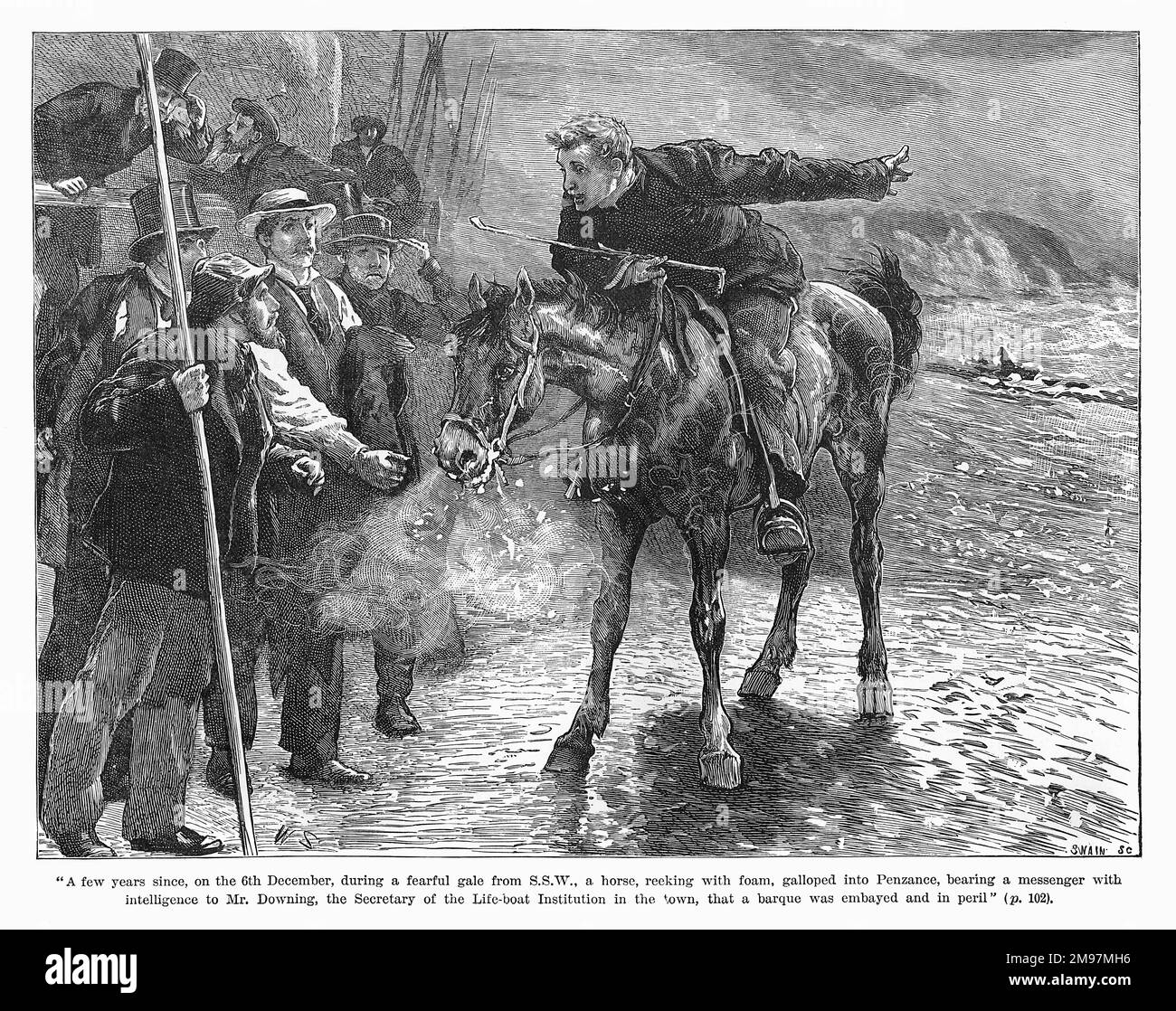 Un uomo a cavallo, segnalando una barca in difficoltà durante una tempesta, Penzance, Cornovaglia. Foto Stock