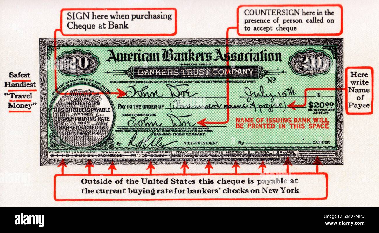 Spiegazione di cosa scrivere e dove firmare su un American Traveller's Cheque. Foto Stock