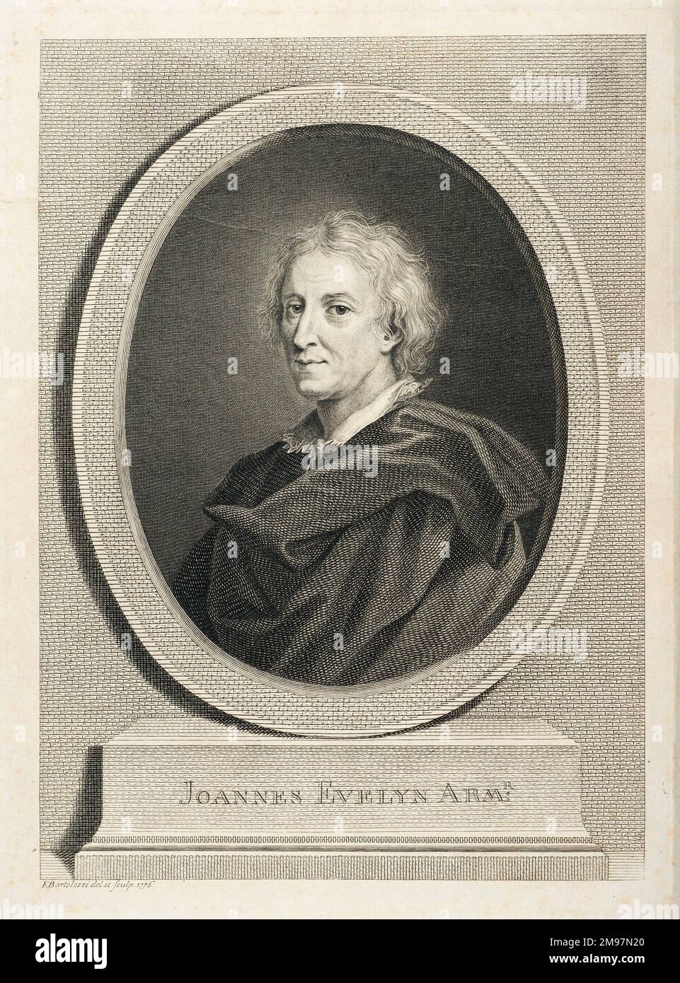 Ritratto di John Evelyn. Incisione, di F. Bartolozzi. Da John Evelyn, Silva; o, Un discorso di alberi di foresta. Frontespizio. Foto Stock