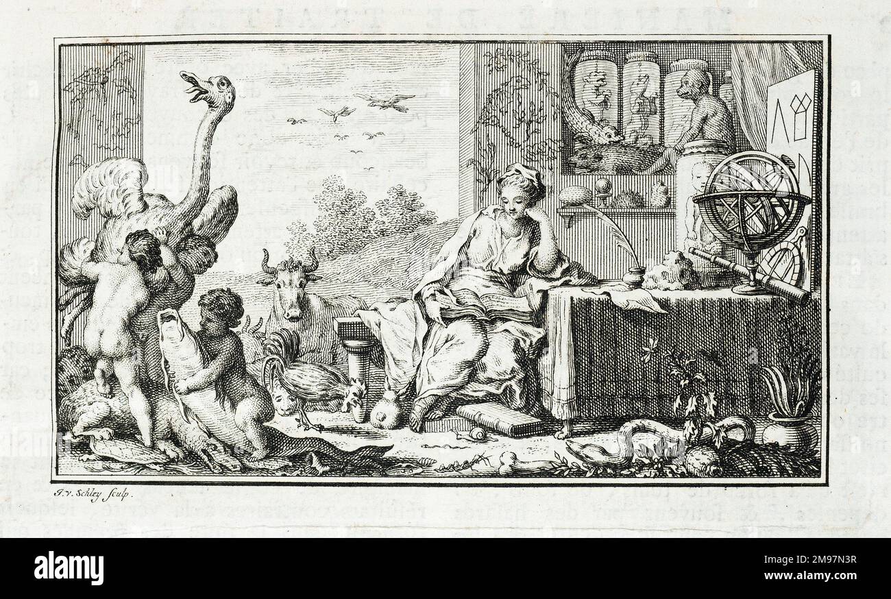 Le Scienze [?] (immagine di intestazione del primo discorso). Incisione di J. vander Schley, di Pierre de Hondt, Histoire Naturelle generale et particuliere avec la description du Cabinet du Roy. Immagini di intestazione sulla prima pagina al primo discorso ('Premier Discours'). Foto Stock