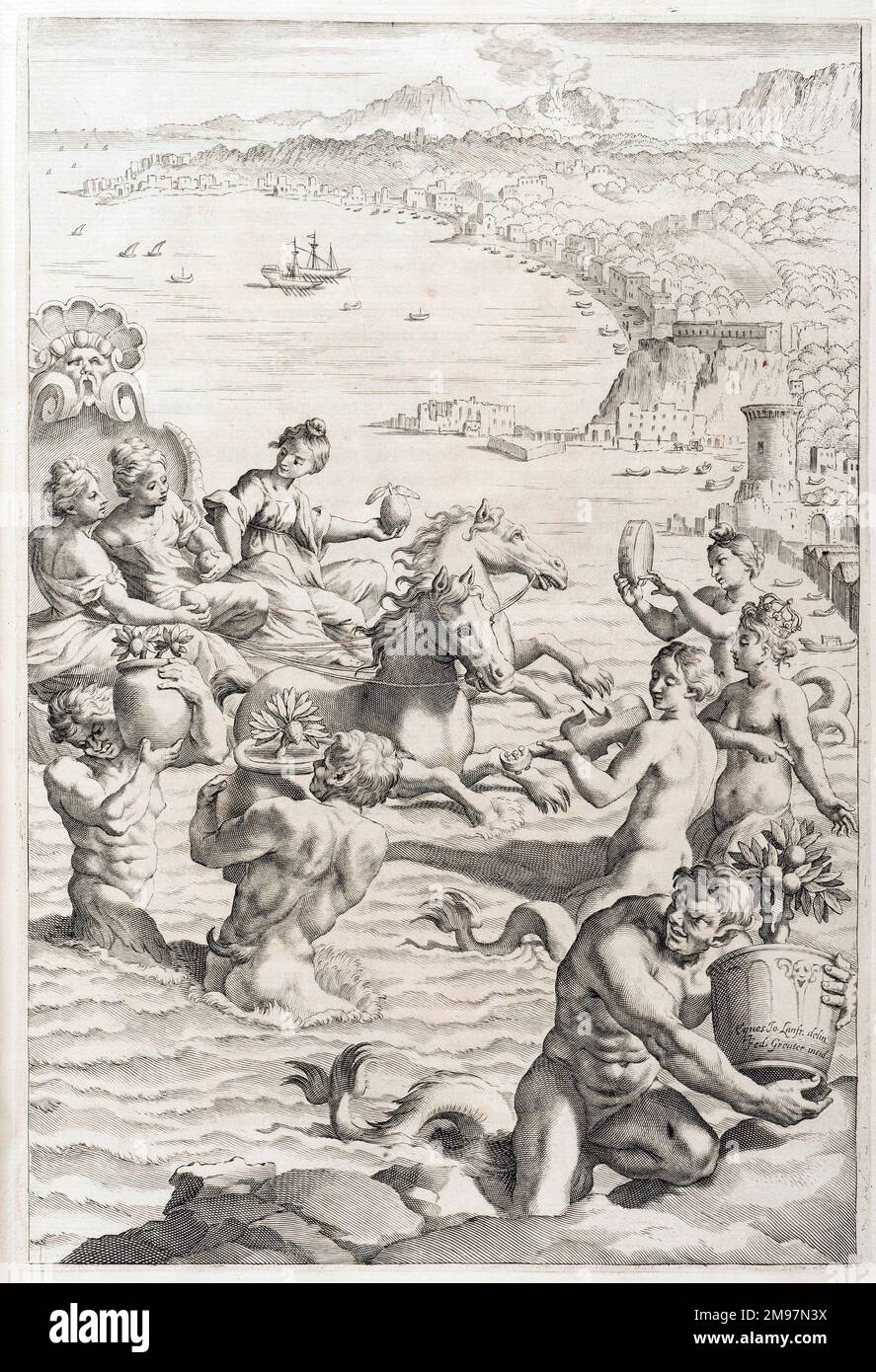 Ninfe marine [?]. Incisione di Giovanni Battista Ferrari, Hesperides: Sive, De malorum aureorum cultura et usu libri quator. Pagina 447. Foto Stock