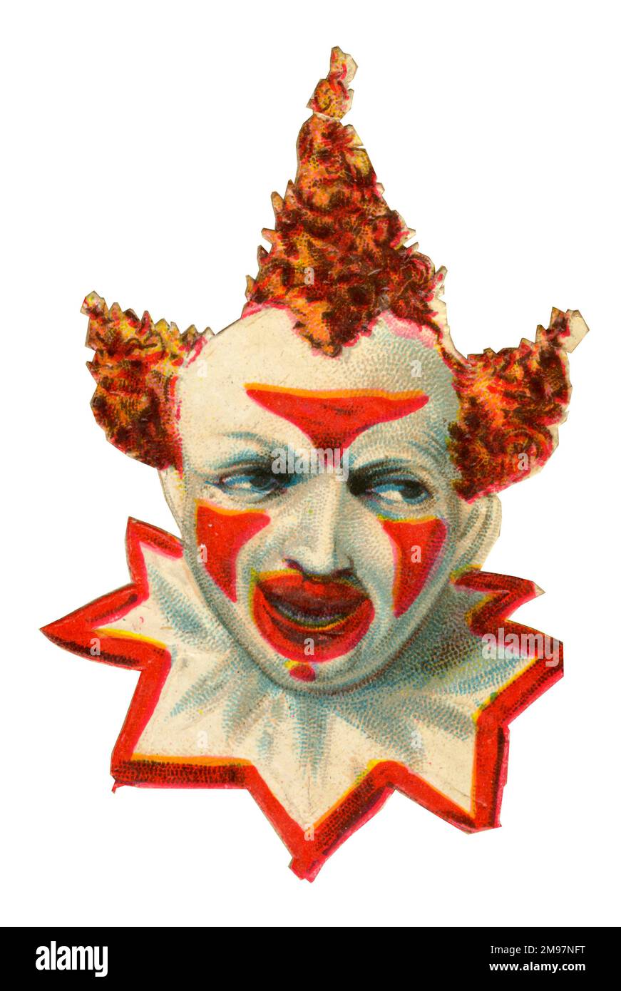 Scrap vittoriano, clown con volto dipinto e capelli appuntiti. Foto Stock