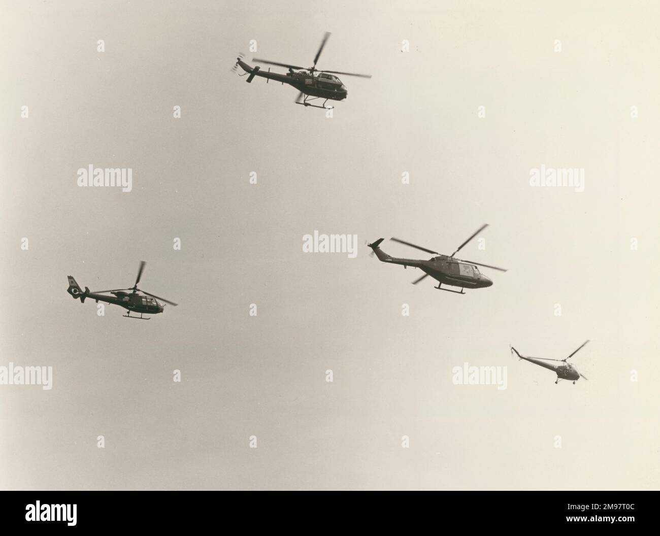 Quattro elicotteri. Da sinistra: Westland Gazelle, Westland Scout AH1, Westland Lynx AH1 e Saro Skeeter. Foto Stock