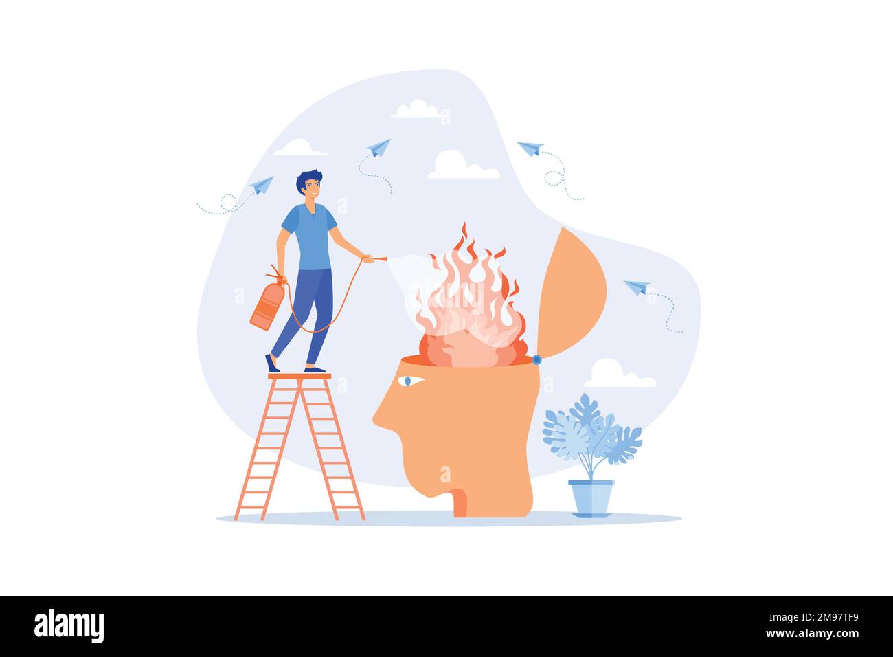 Terapia per raffreddare la mente bruciante o la rabbia, ridurre burnout o la malattia mentale, depressione, curare ansia e concetto di stress, vettore piatto moderno illustra Illustrazione Vettoriale