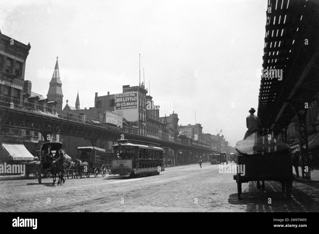 L'azienda di strade ferroviarie sopraelevate di New York è stata fondata nel 1872, costruendo una strada ferroviaria a scartamento standard sotto il controllo di Jay Gould. Questa è stata la prima linea di transito rapido mai elevata del suo genere e si è protratta dal 1878 al 1955 settembre. In questa fotografia si possono trovare prove della pubblicità iniziale di Moe Levy e Co. Foto Stock