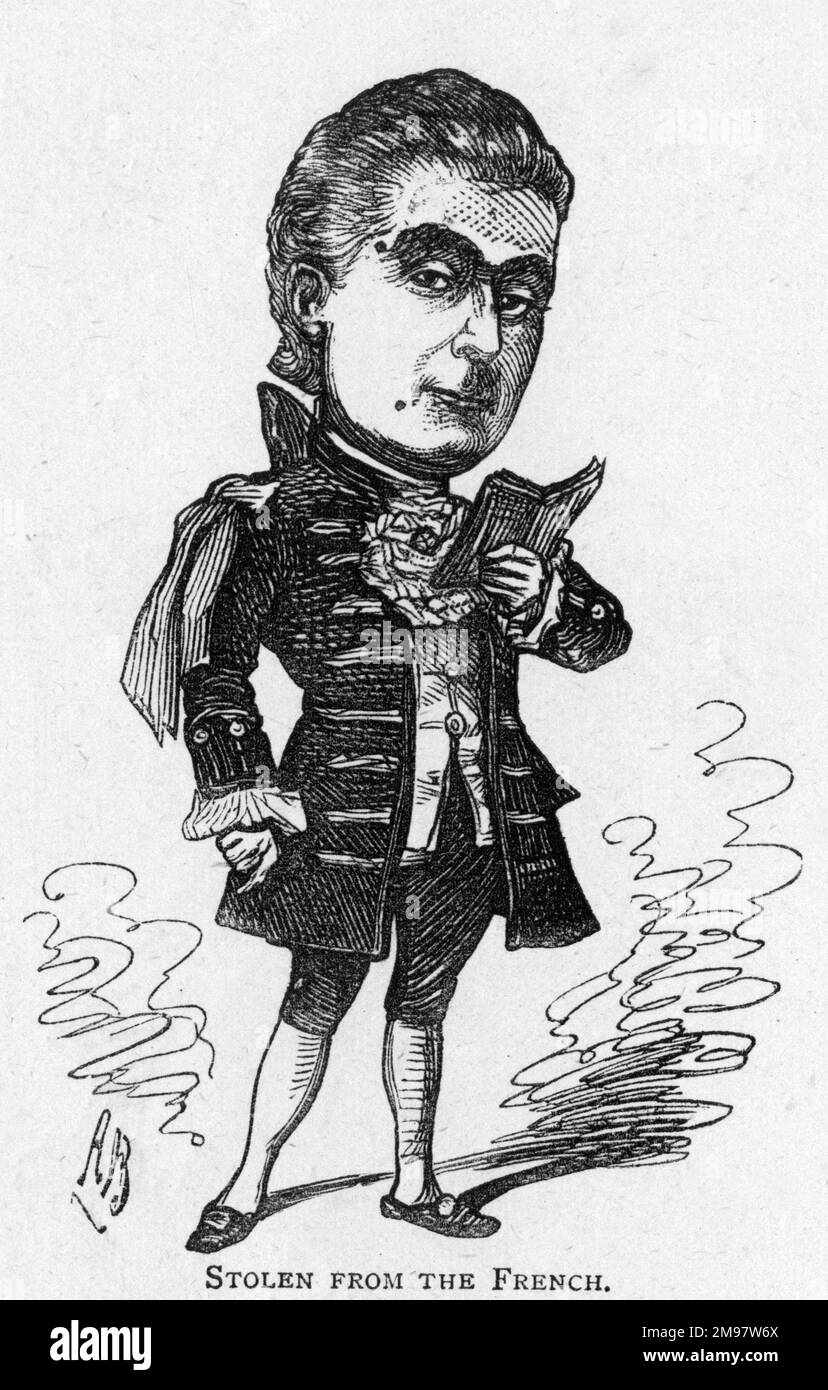 Cartoon dell'attore, cantante e scenista francese Claude Marius (Duplany), noto al pubblico inglese come Mons. Marius. Ha recitato regolarmente allo Strand Theatre di Londra. Visto qui nel ruolo di Monsieur Favart nella versione inglese di H B Farnie dell’operetta Madame Favart di Offenbach, circa nel 1879. Foto Stock