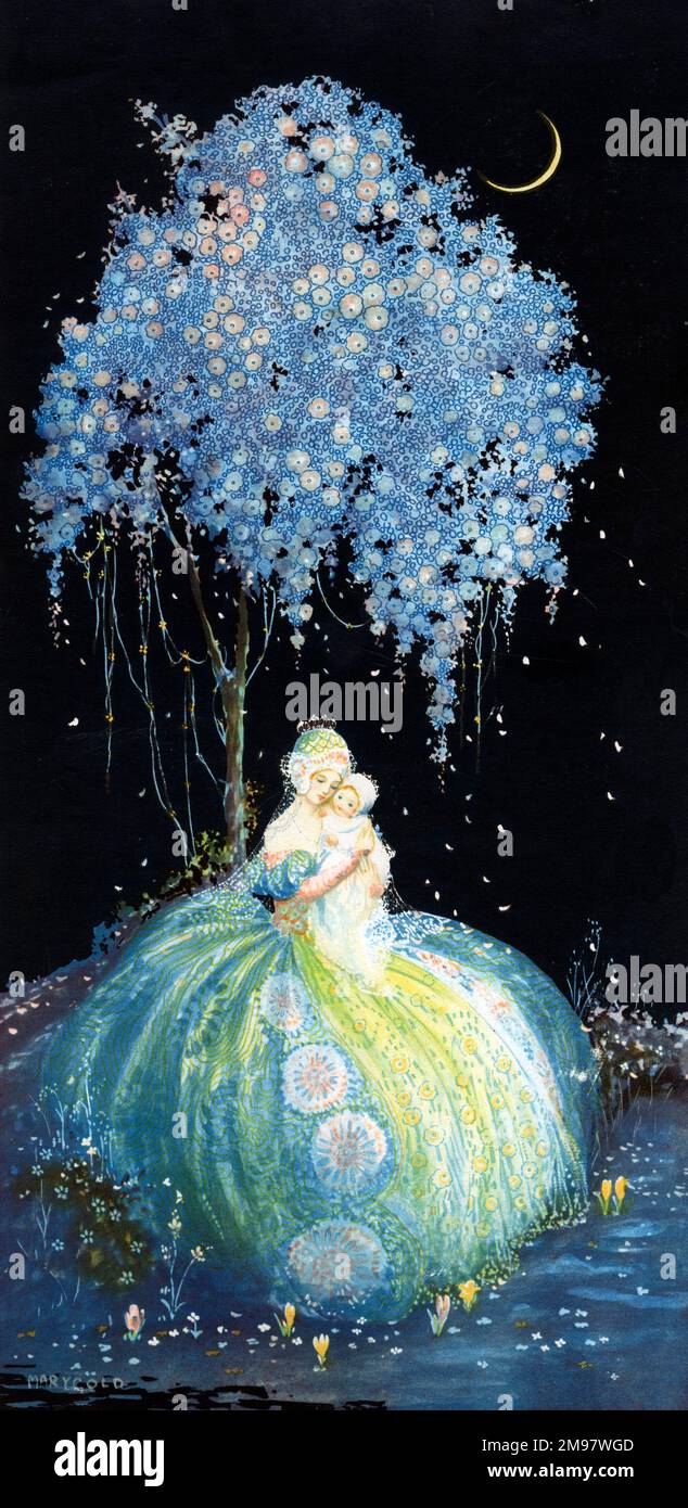 Illustrazione di Marygold -- Donna e bambino in un giardino di notte. Foto Stock
