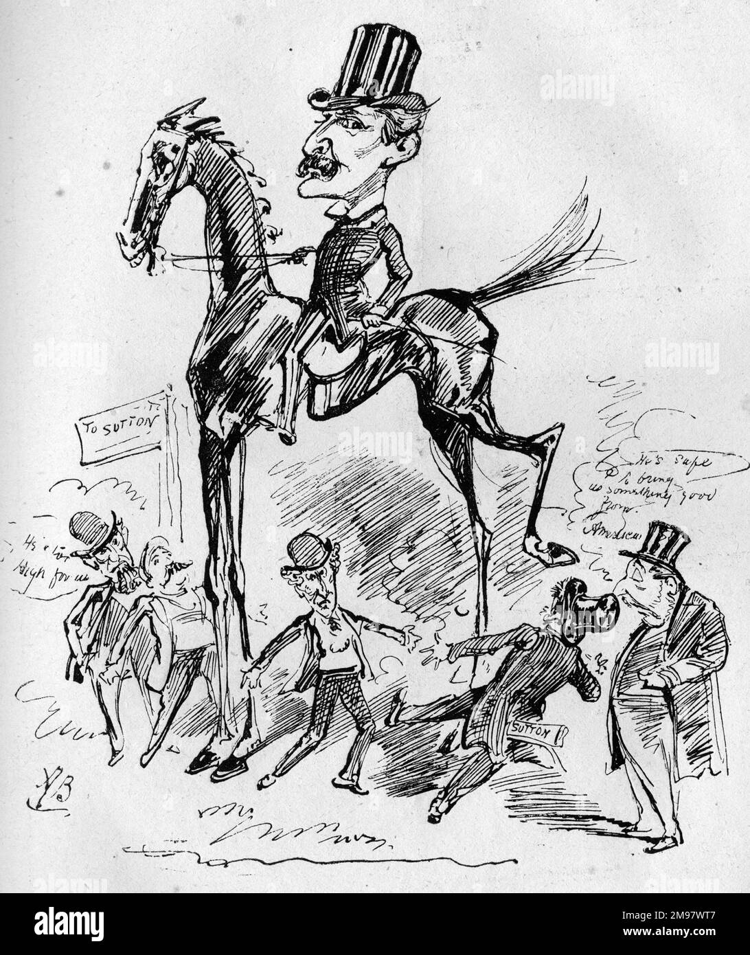 Cartoon di George Henry Howard Paul (1830-1905), scrittore americano, drammaturgo, attore comico e direttore teatrale, attivo nel Regno Unito. Visto qui su un cavallo molto alto. Tornerà? Foto Stock