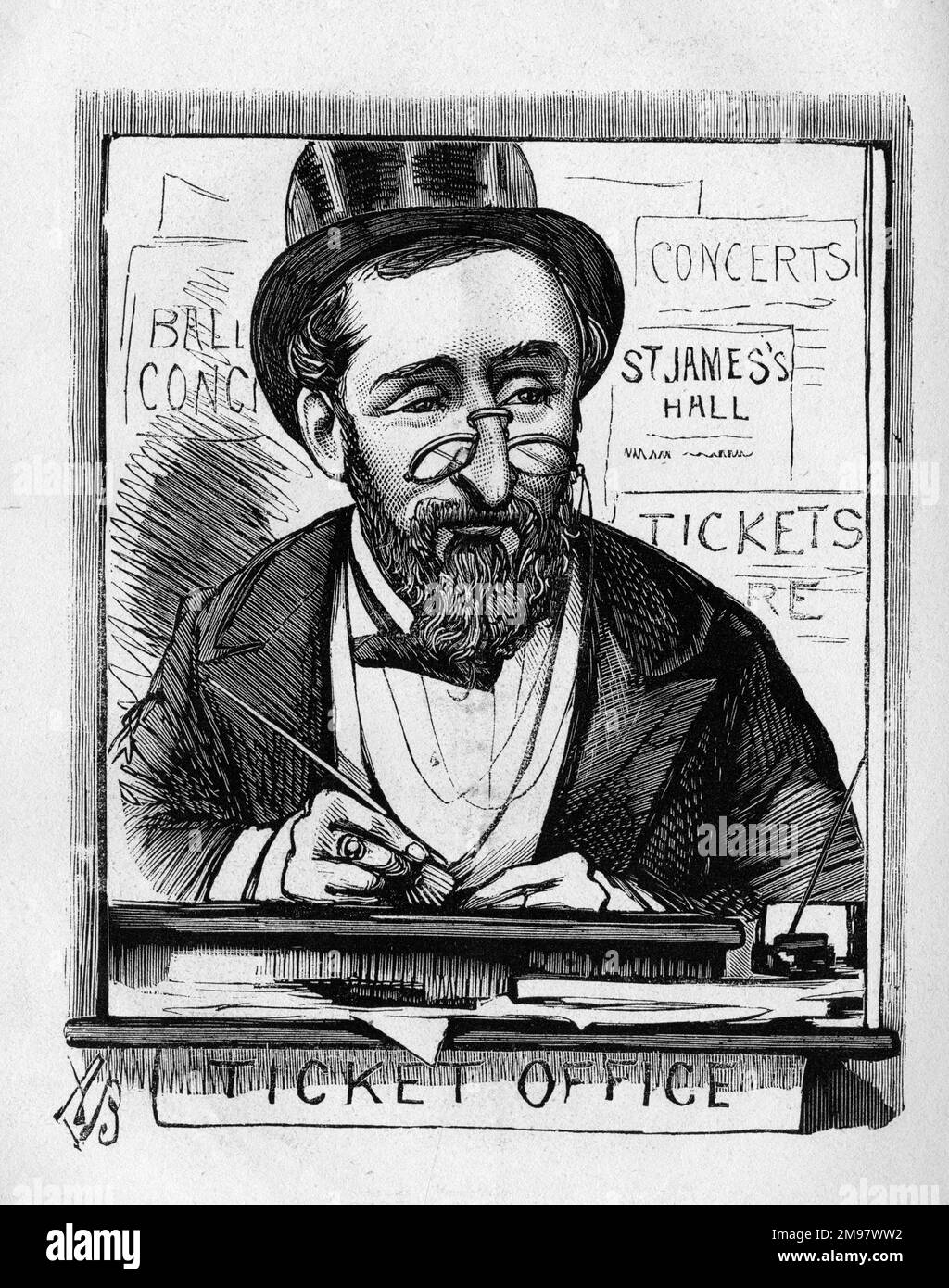 Cartoon di MR A Austin, che gestiva la biglietteria di St James's Hall, 28 Piccadilly, Londra. Foto Stock