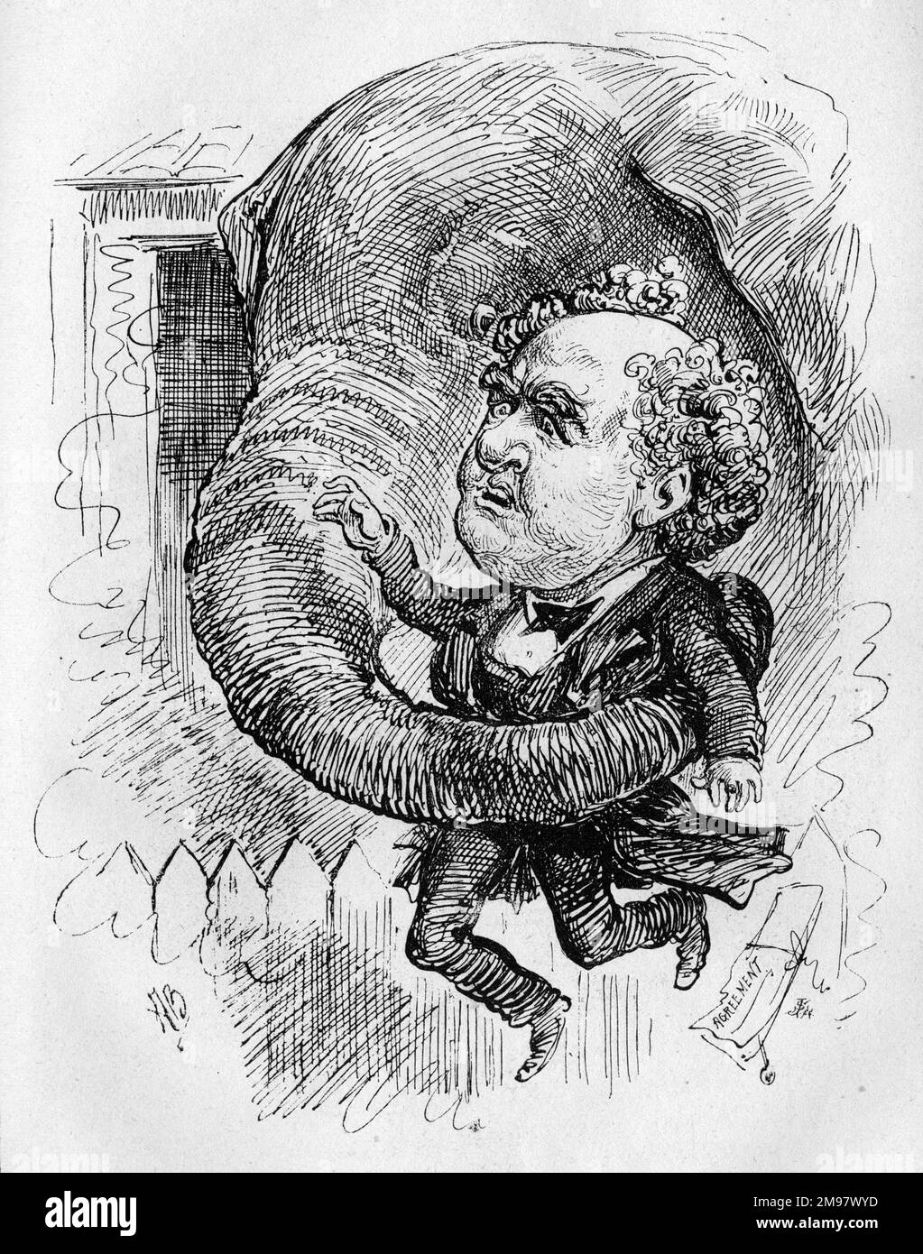 Cartone animato di Phineas Taylor (PT) Barnum (1810-1891), showman americano e uomo d'affari, e Jumbo l'elefante africano che ha comprato per il suo circo dallo Zoo di Londra nel 1882. La vendita ha causato indignazione pubblica in Gran Bretagna. "Se prende Jumbo, Barnum, e deve vendicarsi, non si aspetta alcuna simpatia dal popolo inglese." Foto Stock